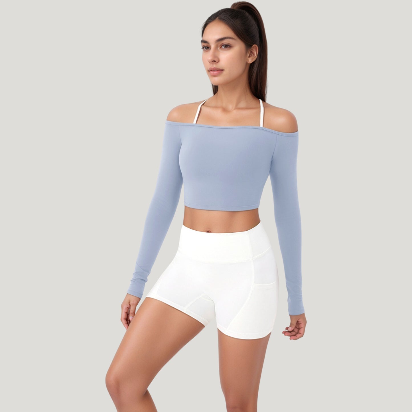 Off Shoulder Long Sleeve Activewear Crop Top with Streamlined Fit and Lightweight Stretch Fabric