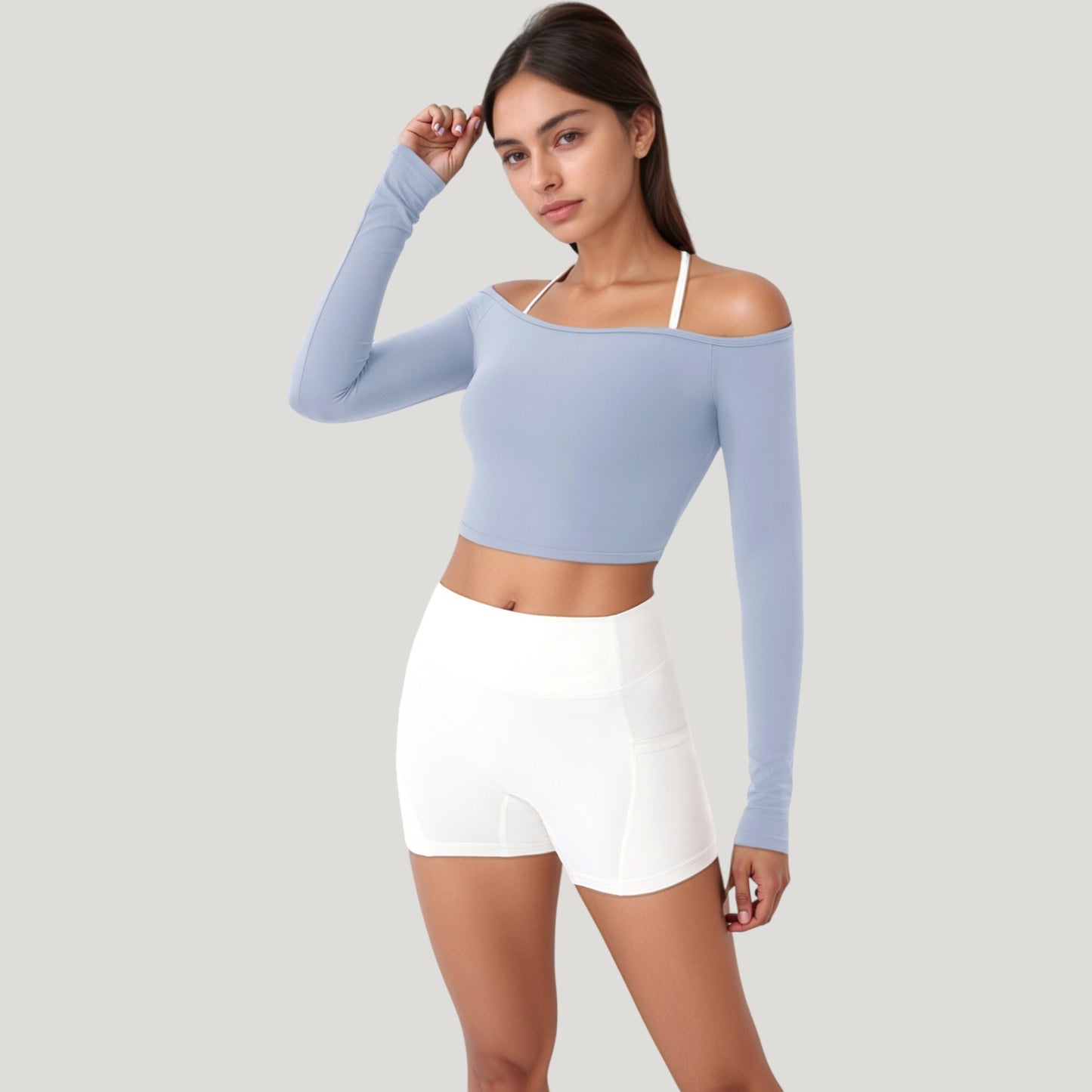 Off Shoulder Long Sleeve Activewear Crop Top with Streamlined Fit and Lightweight Stretch Fabric