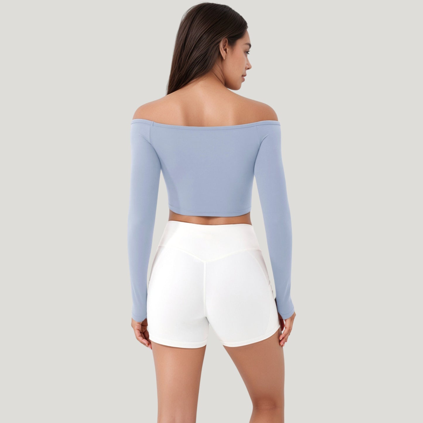 Off Shoulder Long Sleeve Activewear Crop Top with Streamlined Fit and Lightweight Stretch Fabric