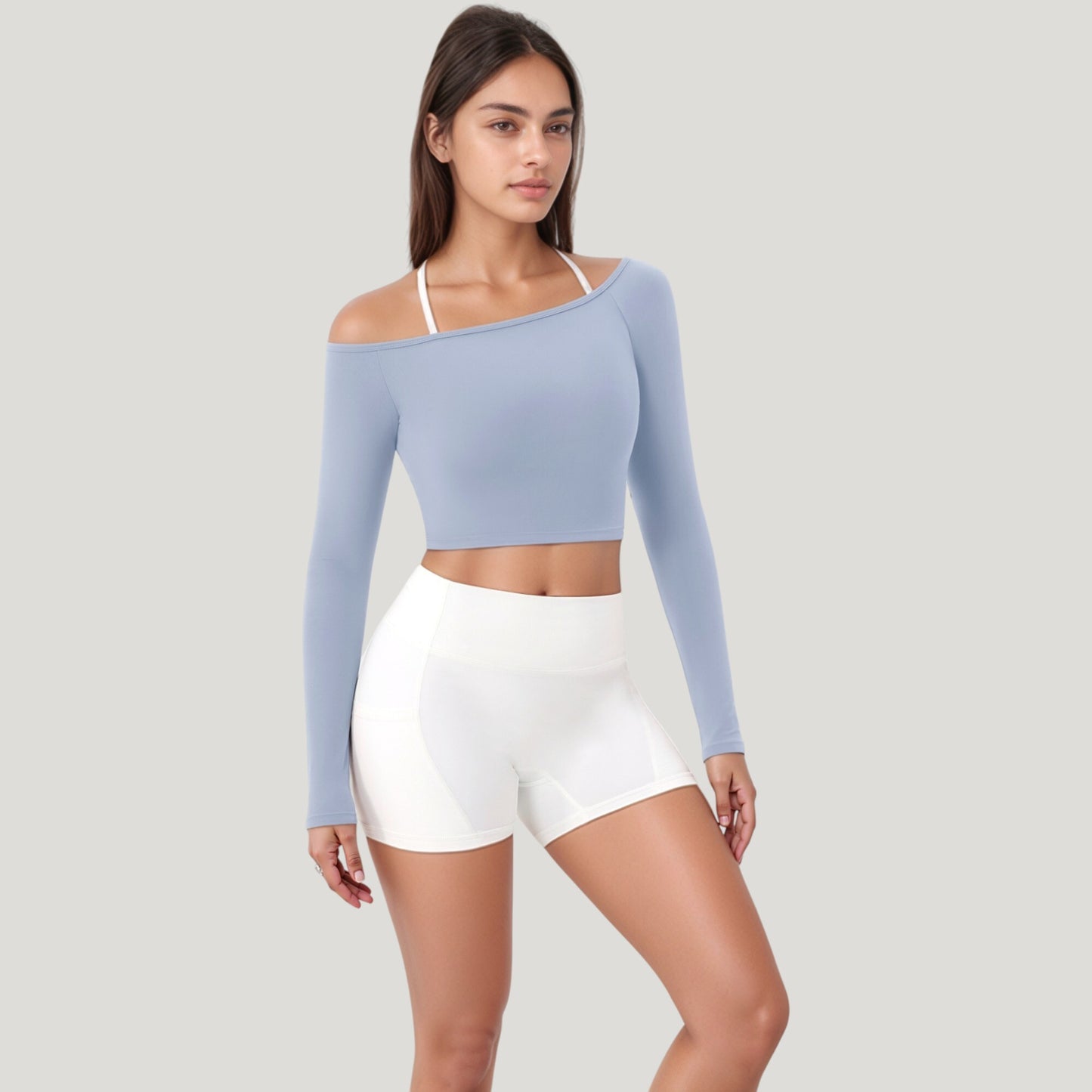 Off Shoulder Long Sleeve Activewear Crop Top with Streamlined Fit and Lightweight Stretch Fabric