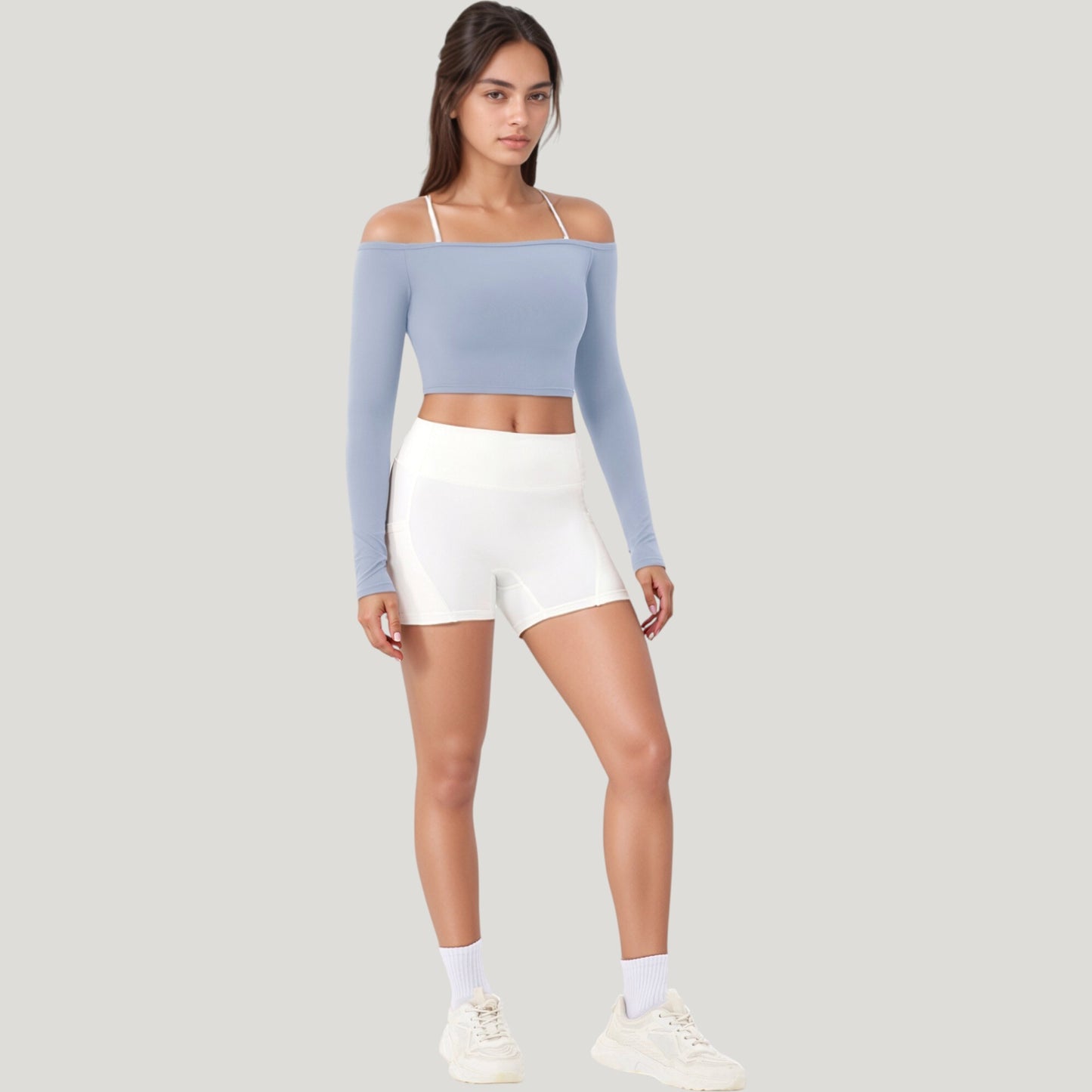 Off Shoulder Long Sleeve Activewear Crop Top with Streamlined Fit and Lightweight Stretch Fabric