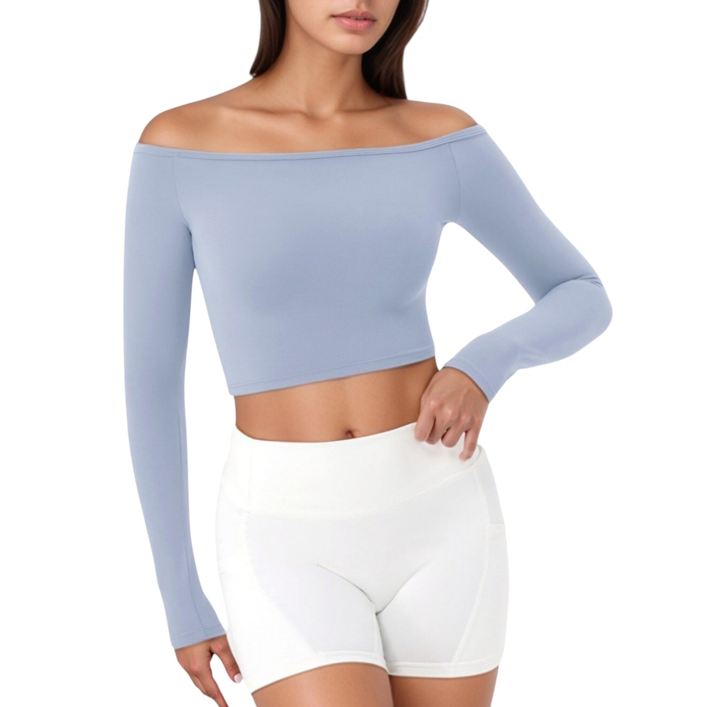 Off Shoulder Long Sleeve Activewear Crop Top with Streamlined Fit and Lightweight Stretch Fabric