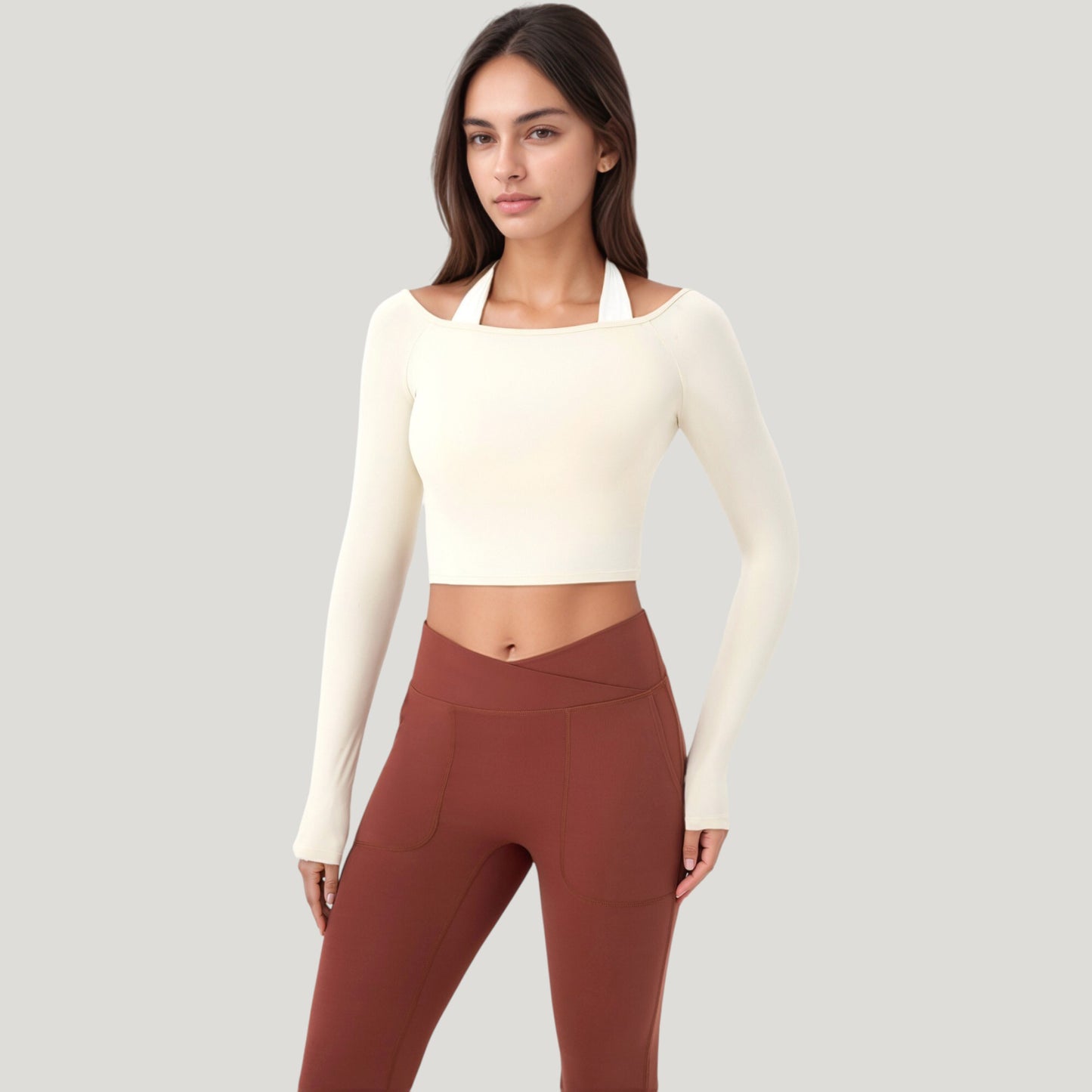 Off Shoulder Long Sleeve Activewear Crop Top with Streamlined Fit and Lightweight Stretch Fabric
