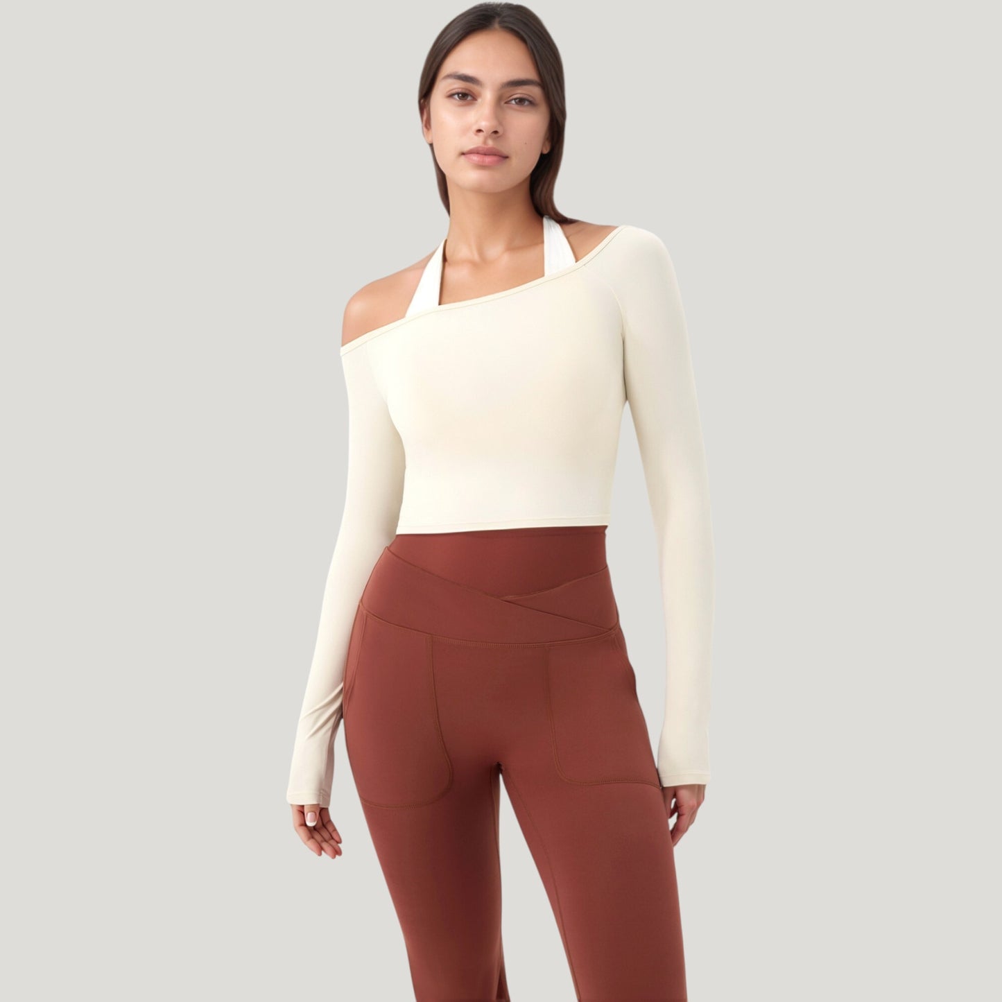 Off Shoulder Long Sleeve Activewear Crop Top with Streamlined Fit and Lightweight Stretch Fabric