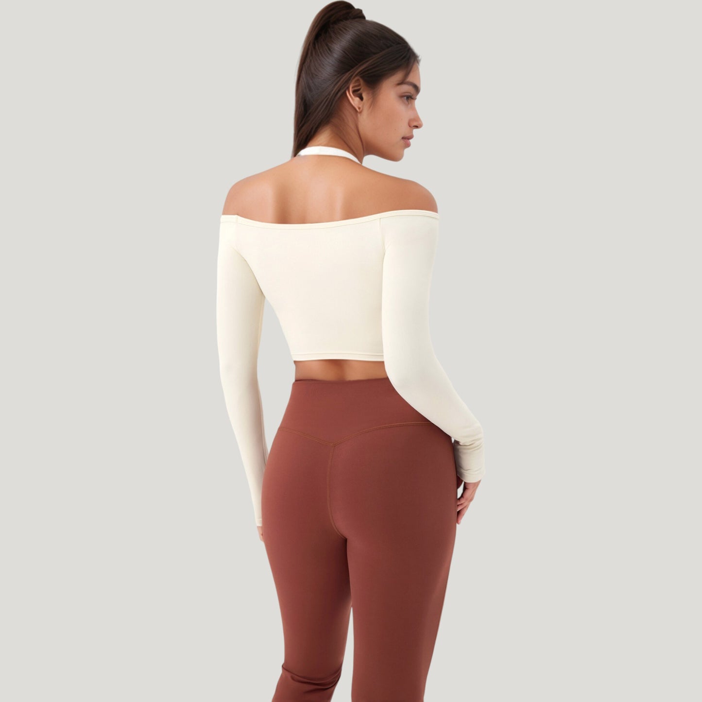 Off Shoulder Long Sleeve Activewear Crop Top with Streamlined Fit and Lightweight Stretch Fabric