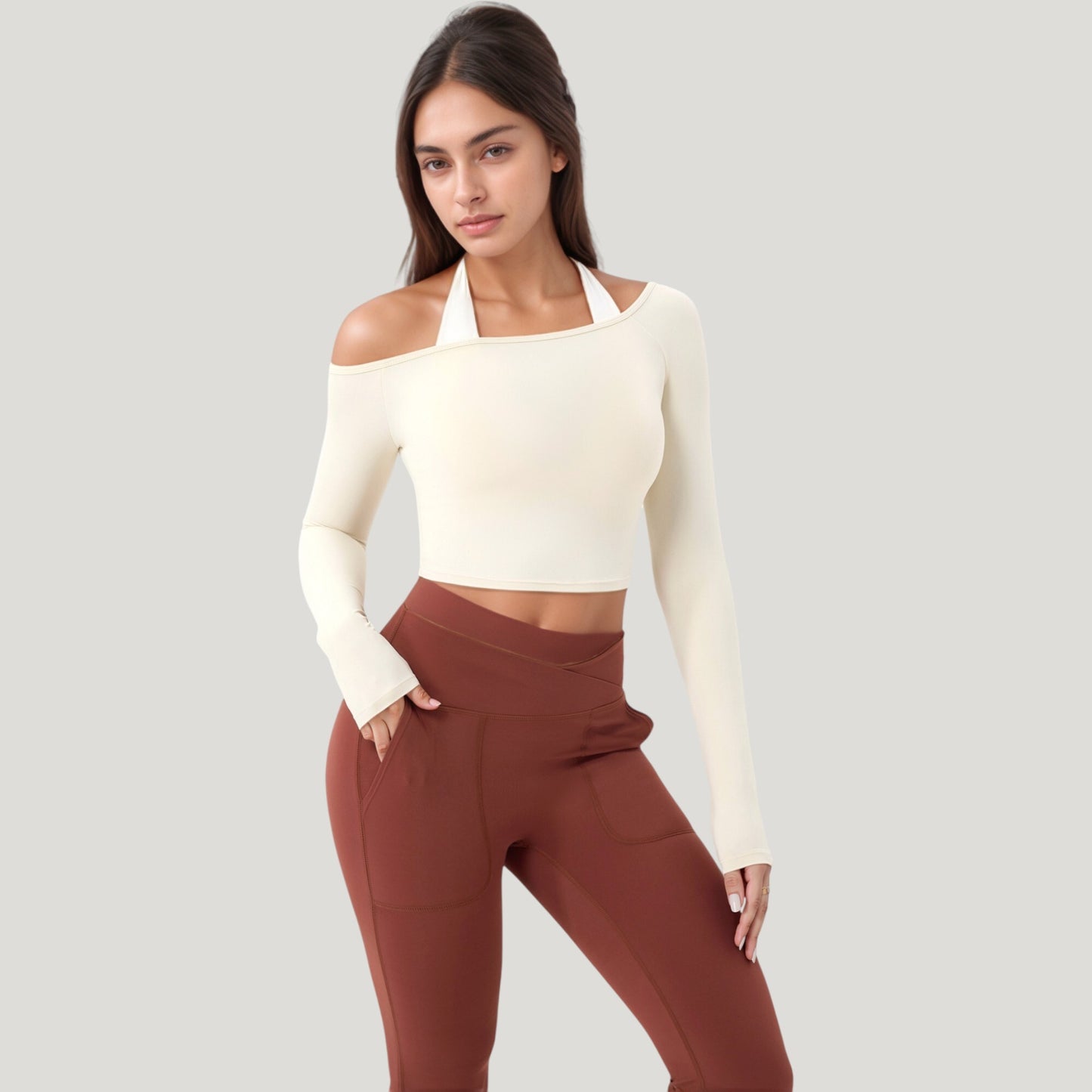 Off Shoulder Long Sleeve Activewear Crop Top with Streamlined Fit and Lightweight Stretch Fabric