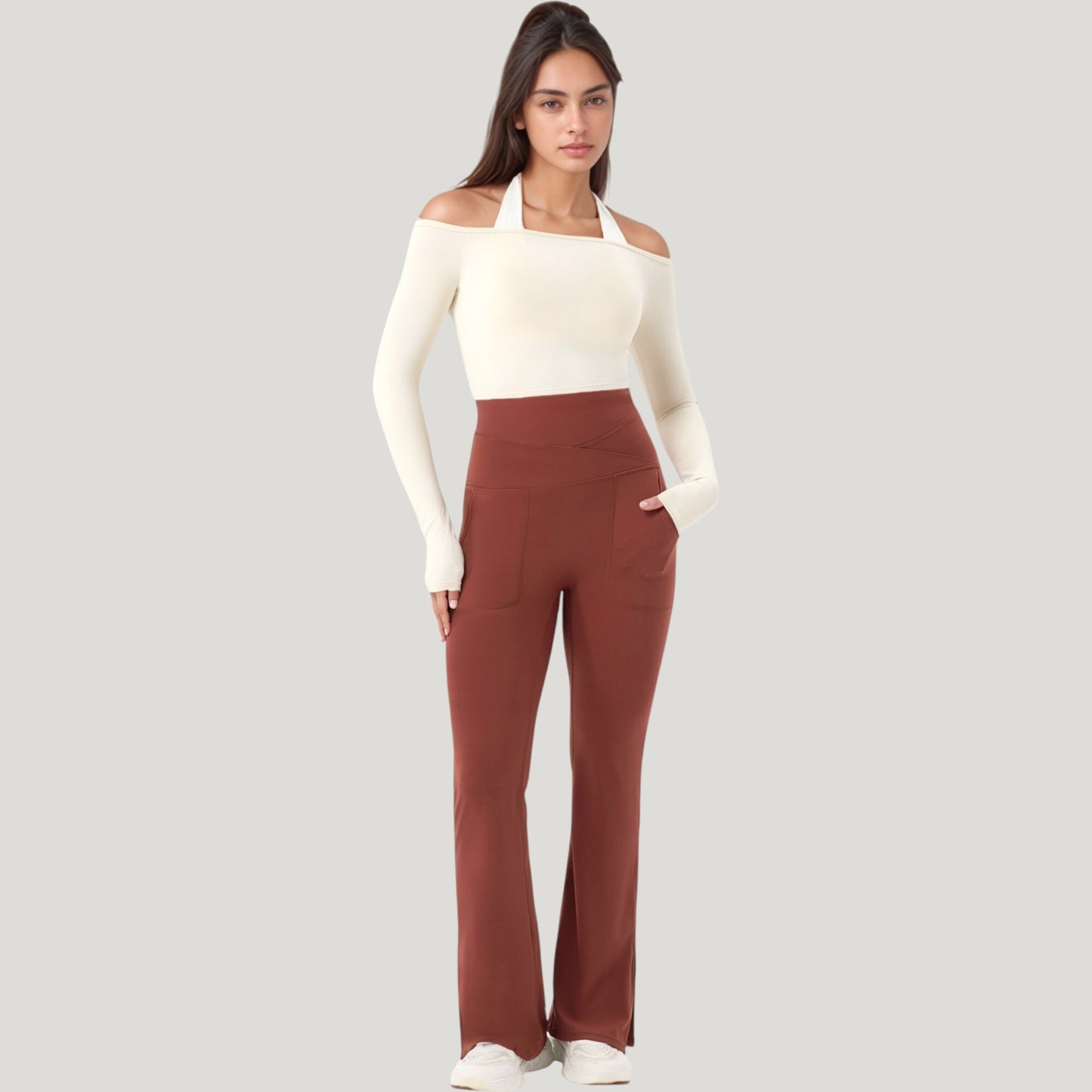 Off Shoulder Long Sleeve Activewear Crop Top with Streamlined Fit and Lightweight Stretch Fabric