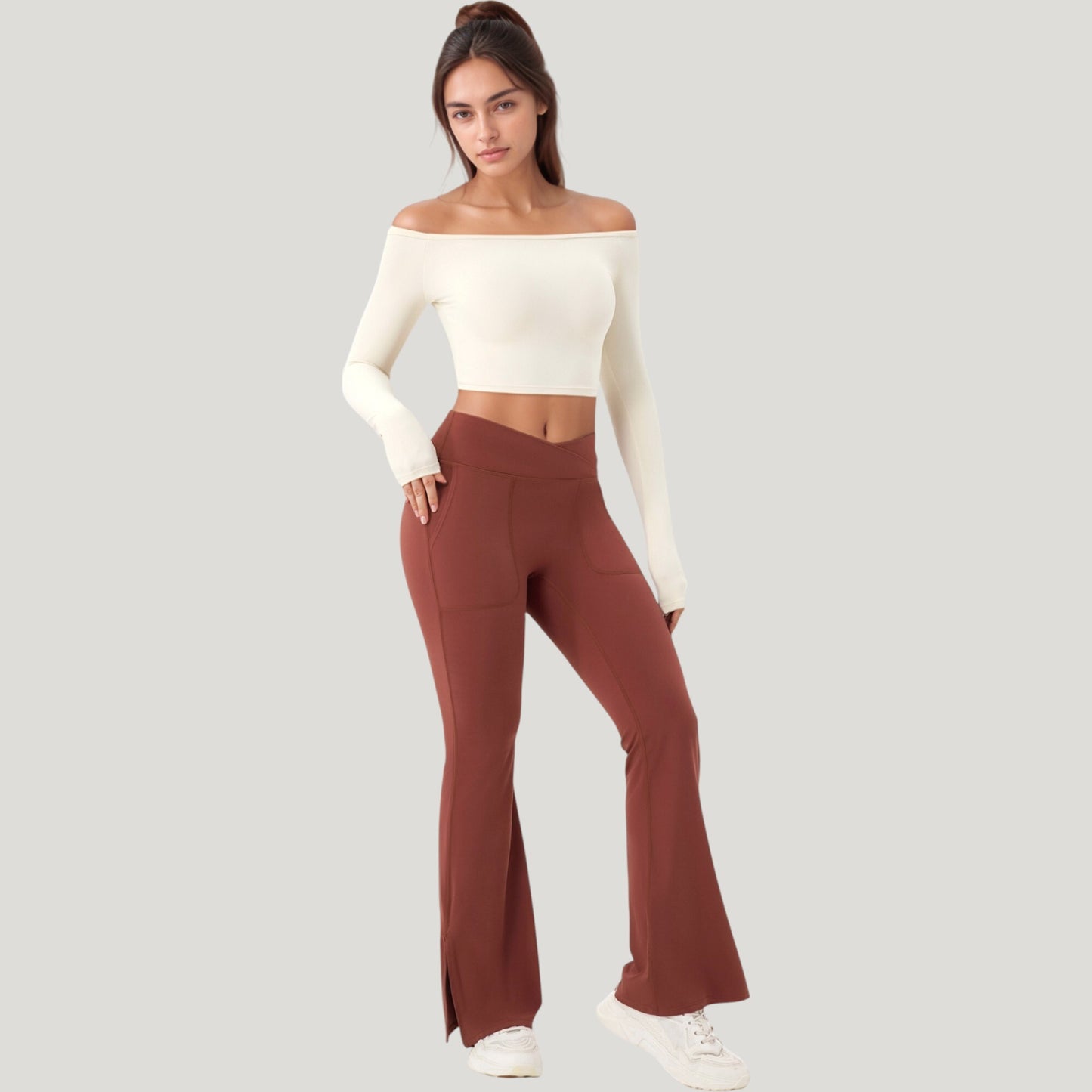 Off Shoulder Long Sleeve Activewear Crop Top with Streamlined Fit and Lightweight Stretch Fabric