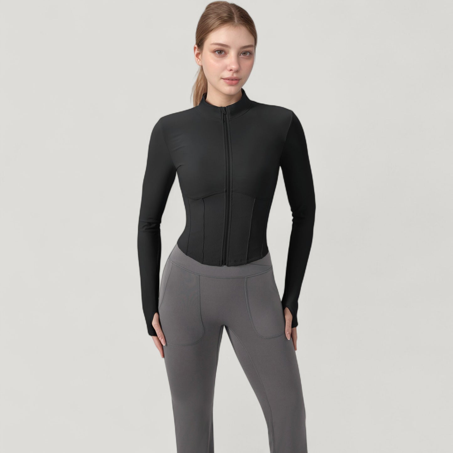 Long Sleeve Zip-Up Cropped Active Jacket with Thumbhole Cuffs and Slim Fit Design