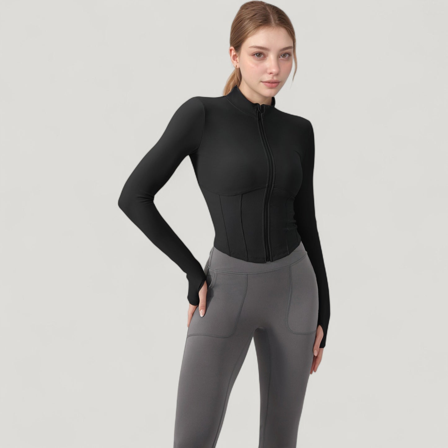 Long Sleeve Zip-Up Cropped Active Jacket with Thumbhole Cuffs and Slim Fit Design