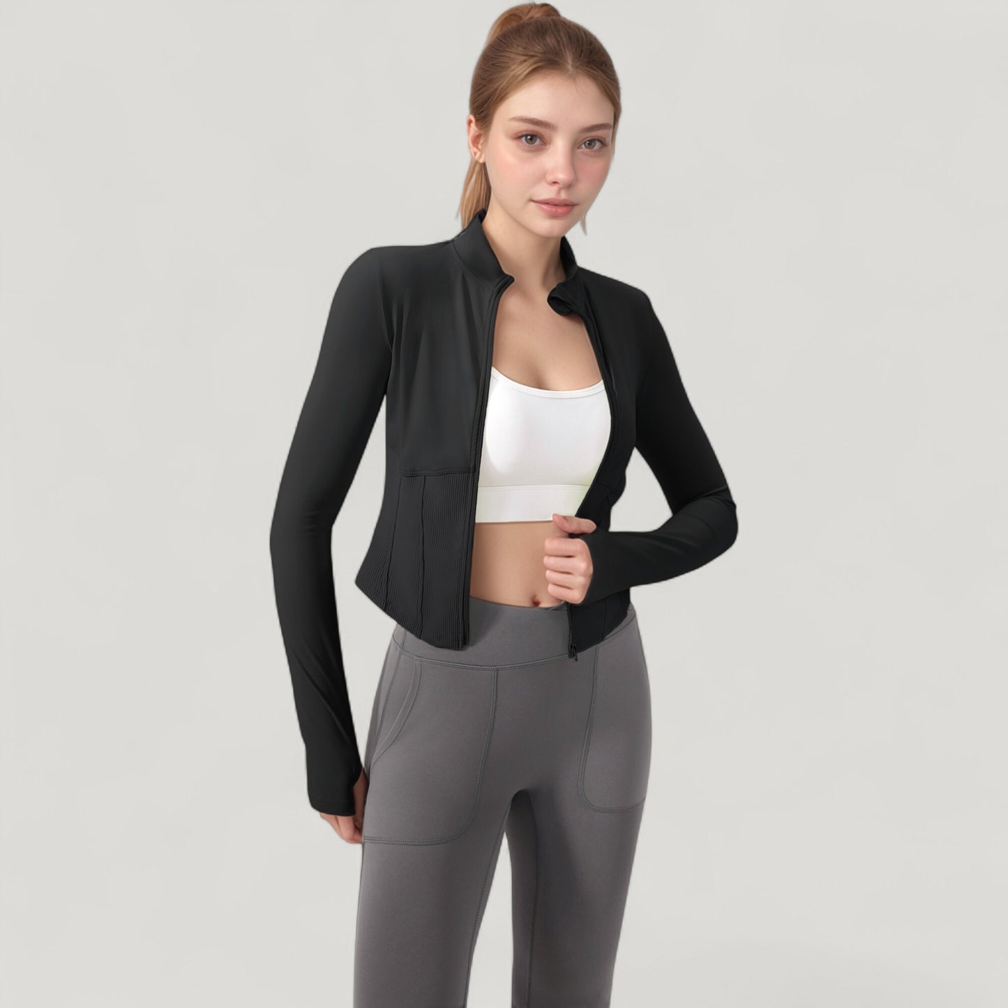 Long Sleeve Zip-Up Cropped Active Jacket with Thumbhole Cuffs and Slim Fit Design