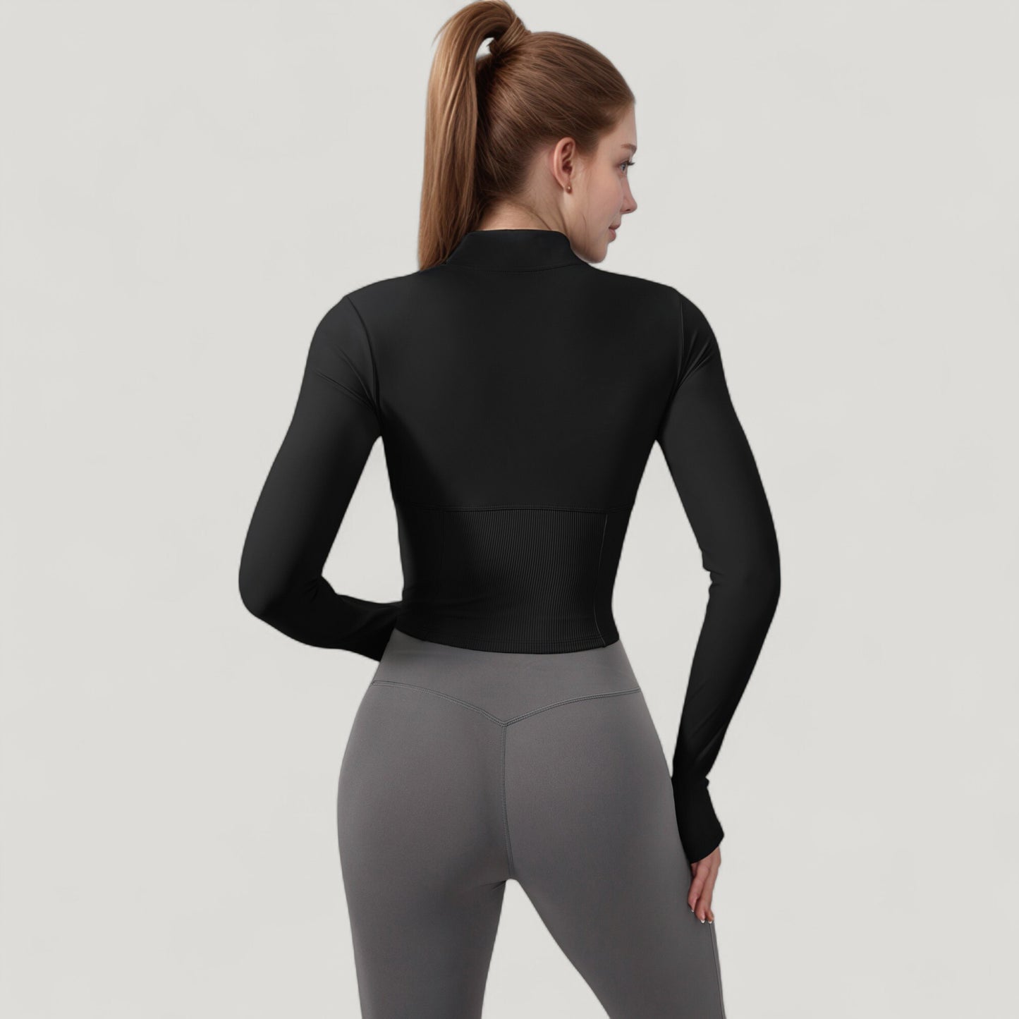Long Sleeve Zip-Up Cropped Active Jacket with Thumbhole Cuffs and Slim Fit Design