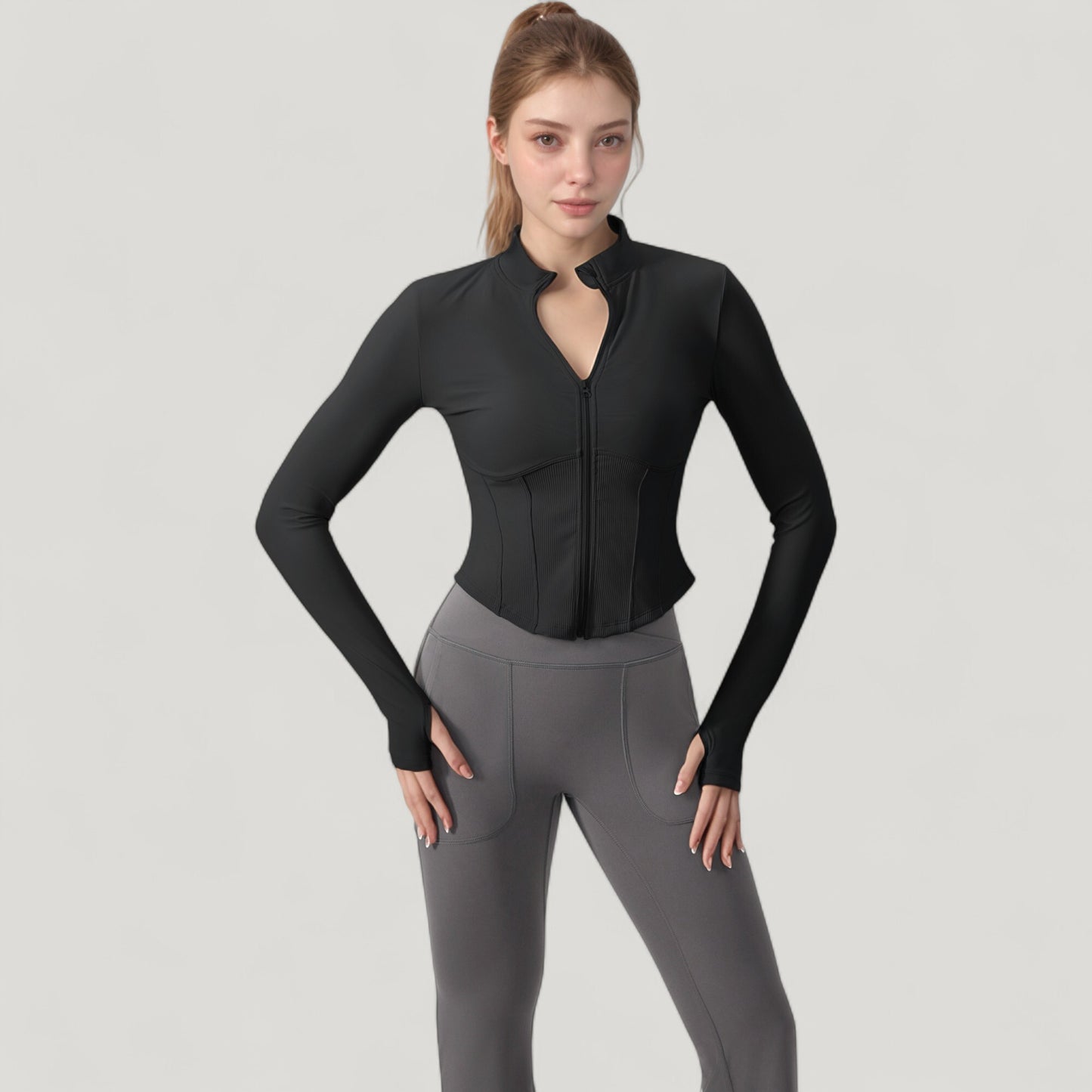 Long Sleeve Zip-Up Cropped Active Jacket with Thumbhole Cuffs and Slim Fit Design