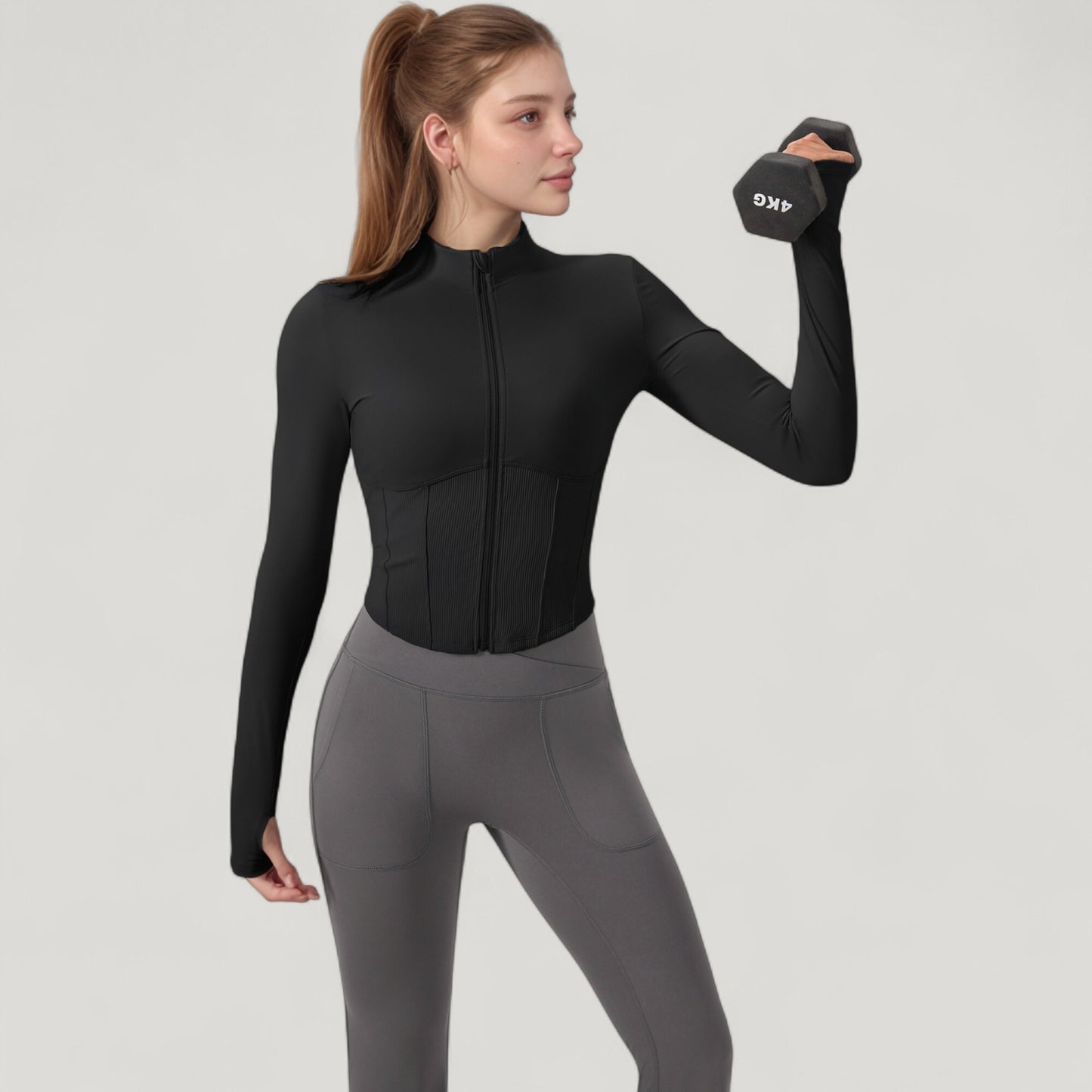 Long Sleeve Zip-Up Cropped Active Jacket with Thumbhole Cuffs and Slim Fit Design