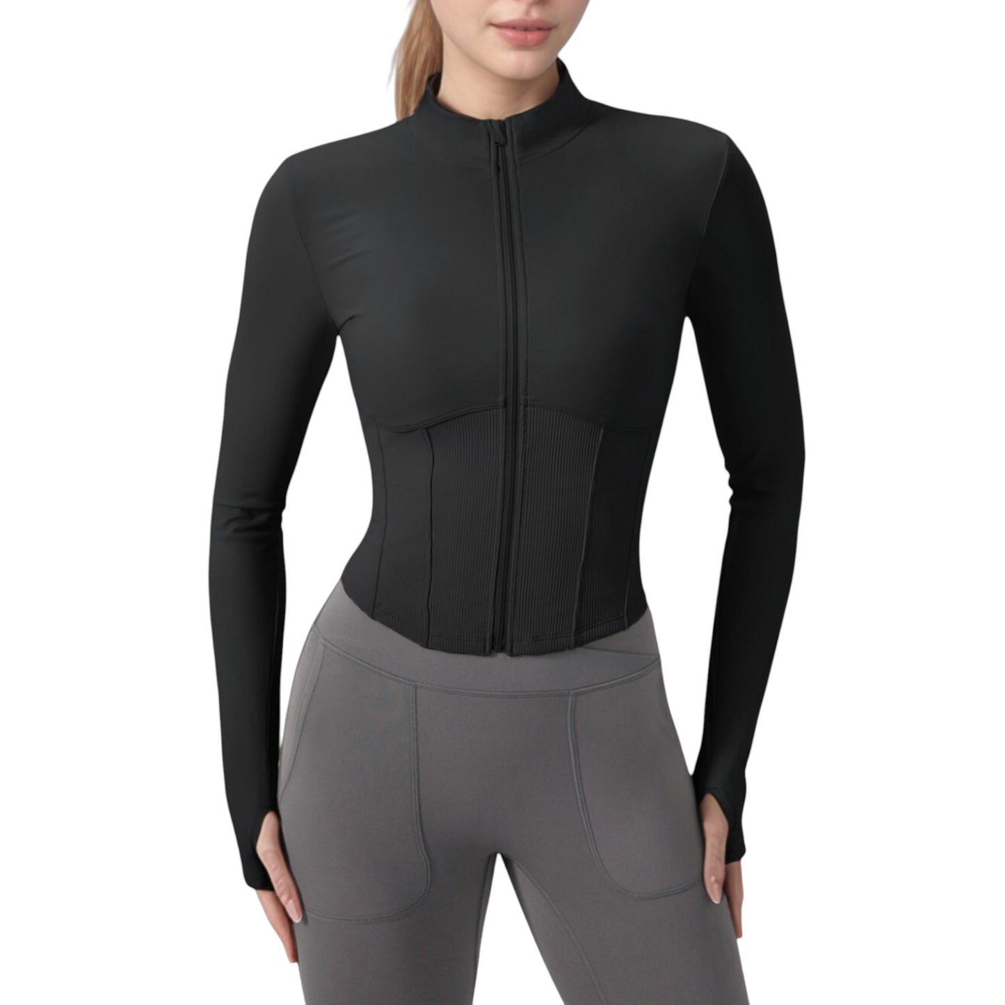 Long Sleeve Zip-Up Cropped Active Jacket with Thumbhole Cuffs and Slim Fit Design