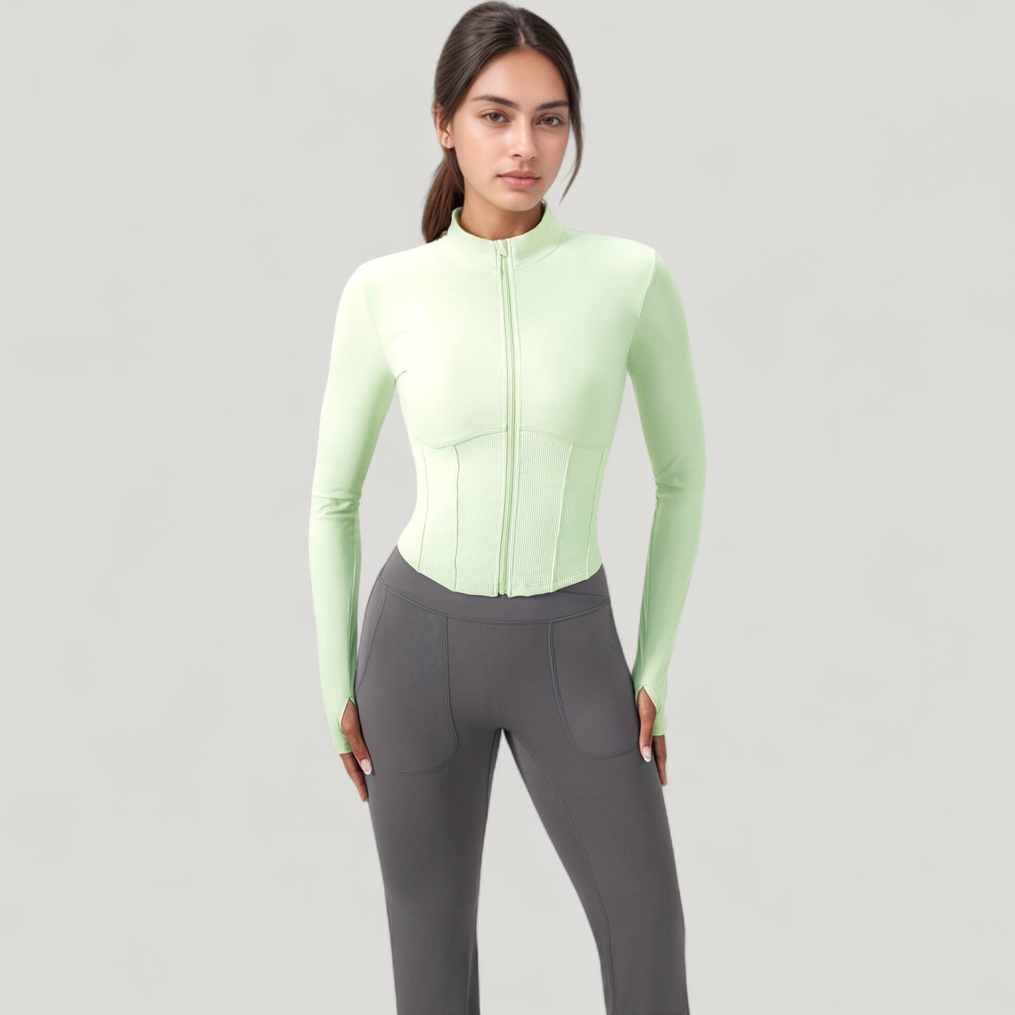 Long Sleeve Zip-Up Cropped Active Jacket with Thumbhole Cuffs and Slim Fit Design