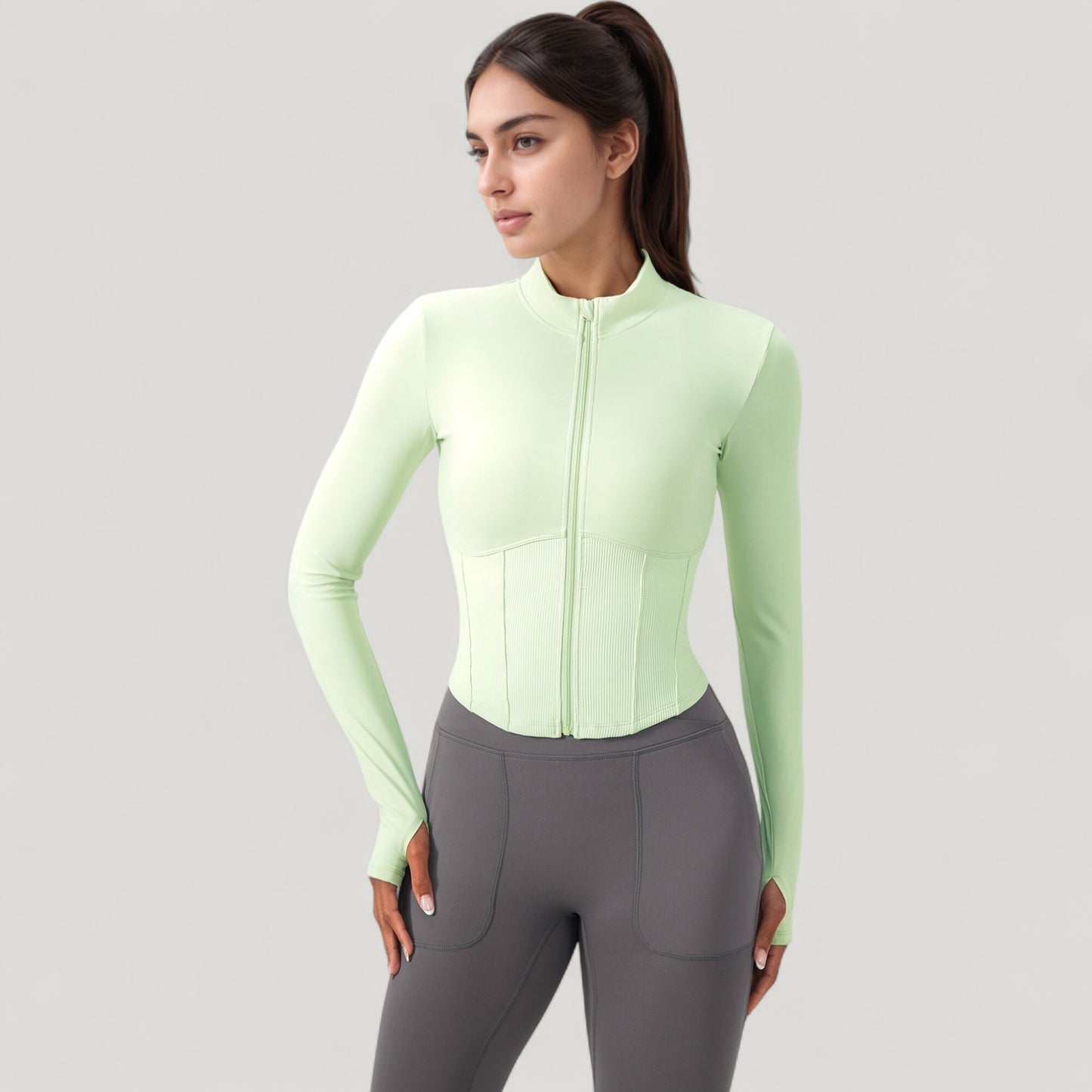 Long Sleeve Zip-Up Cropped Active Jacket with Thumbhole Cuffs and Slim Fit Design