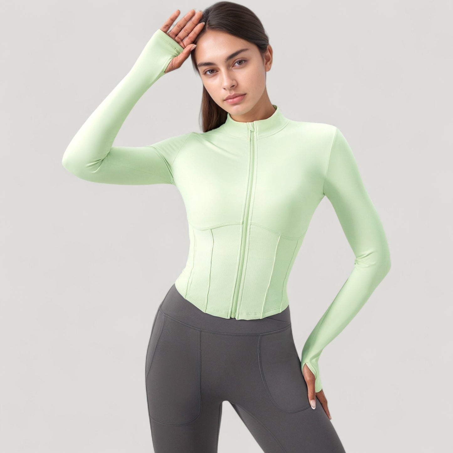 Long Sleeve Zip-Up Cropped Active Jacket with Thumbhole Cuffs and Slim Fit Design