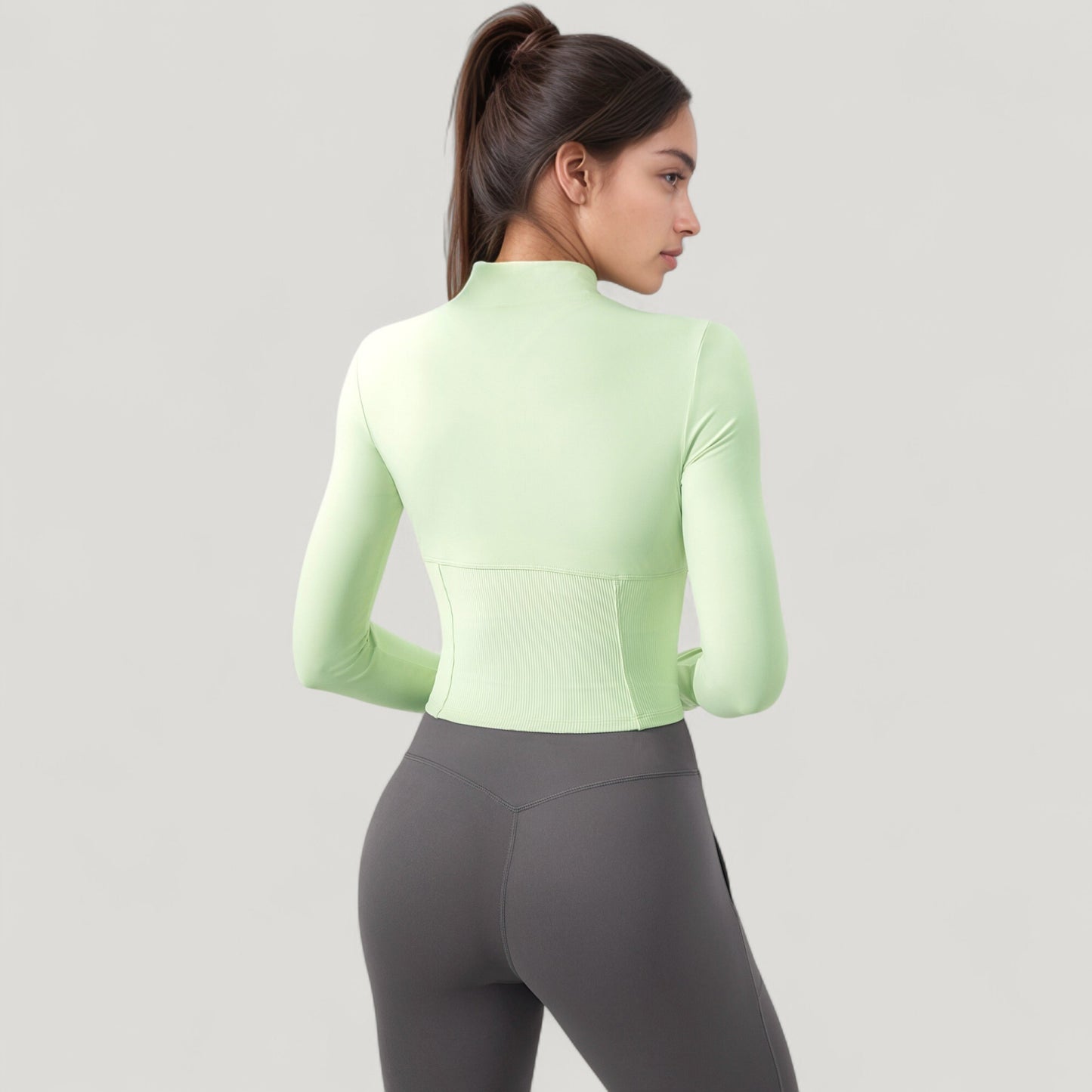 Long Sleeve Zip-Up Cropped Active Jacket with Thumbhole Cuffs and Slim Fit Design
