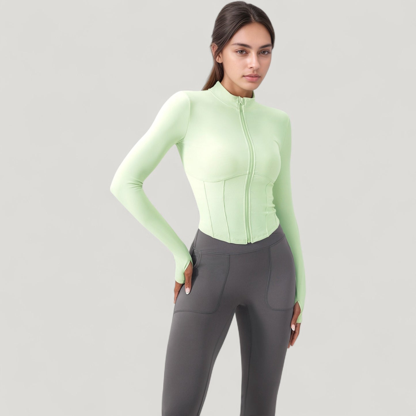 Long Sleeve Zip-Up Cropped Active Jacket with Thumbhole Cuffs and Slim Fit Design