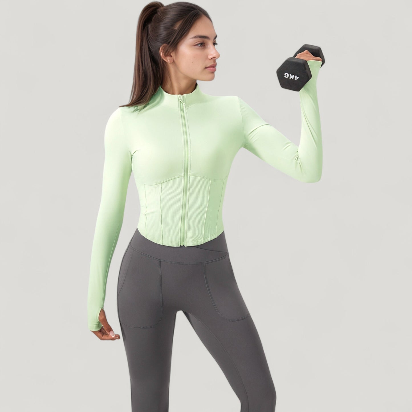 Long Sleeve Zip-Up Cropped Active Jacket with Thumbhole Cuffs and Slim Fit Design