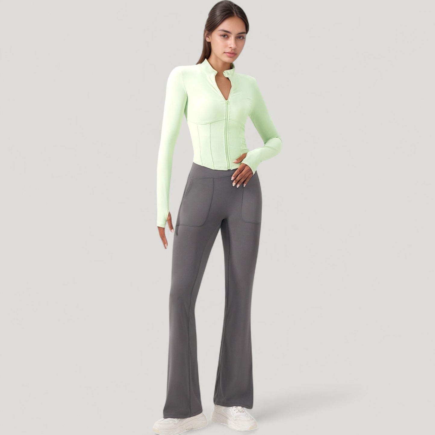 Long Sleeve Zip-Up Cropped Active Jacket with Thumbhole Cuffs and Slim Fit Design
