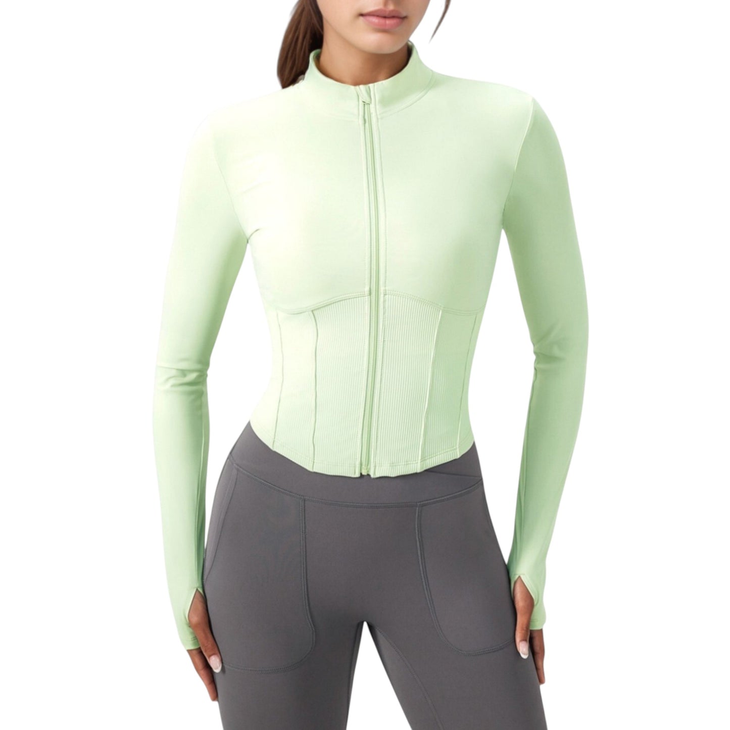 Long Sleeve Zip-Up Cropped Active Jacket with Thumbhole Cuffs and Slim Fit Design