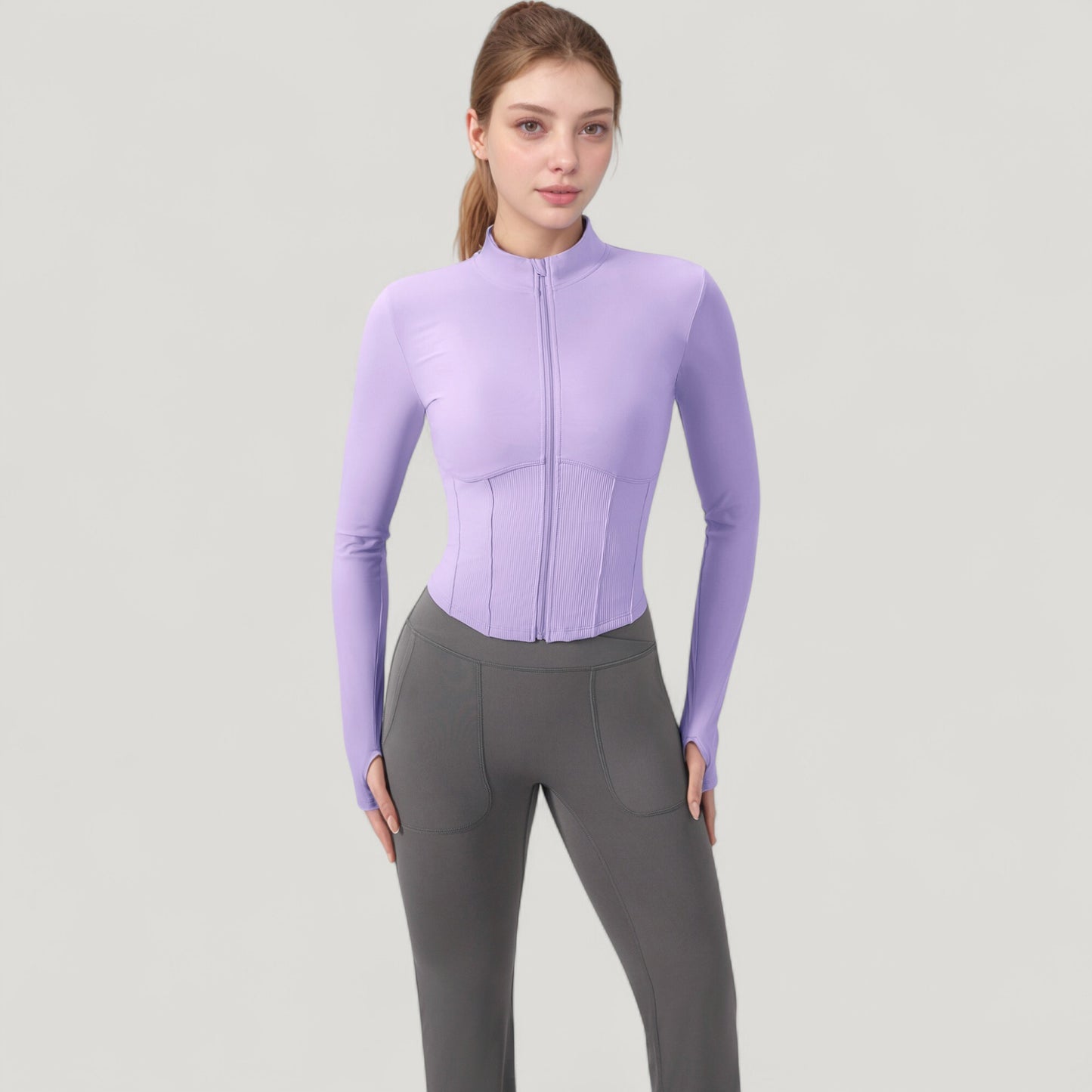 Long Sleeve Zip-Up Cropped Active Jacket with Thumbhole Cuffs and Slim Fit Design
