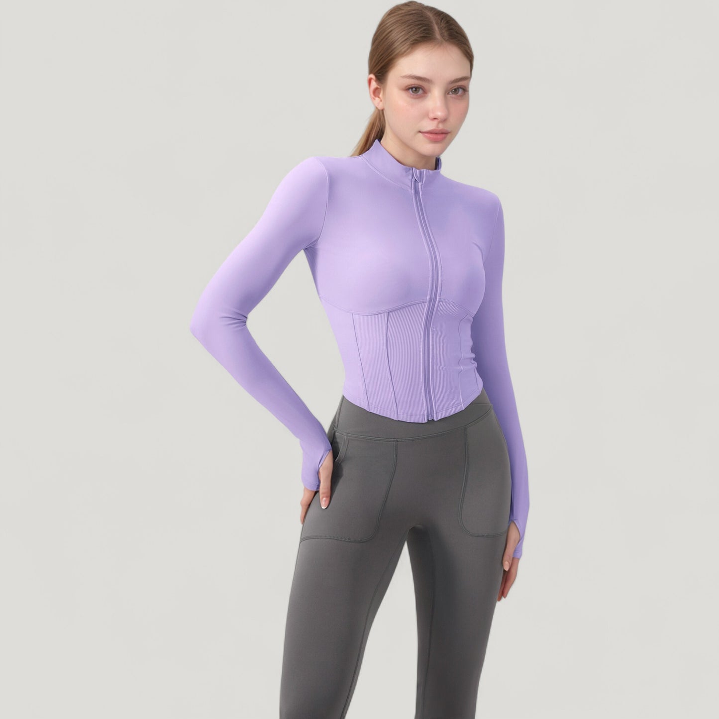 Long Sleeve Zip-Up Cropped Active Jacket with Thumbhole Cuffs and Slim Fit Design