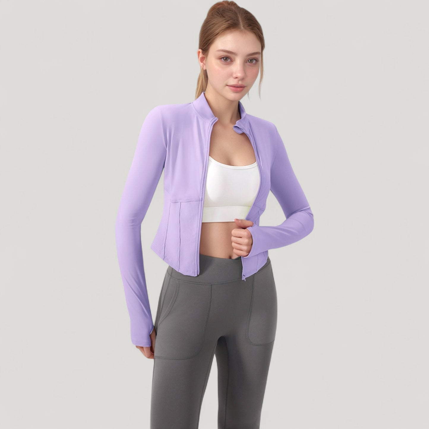 Long Sleeve Zip-Up Cropped Active Jacket with Thumbhole Cuffs and Slim Fit Design