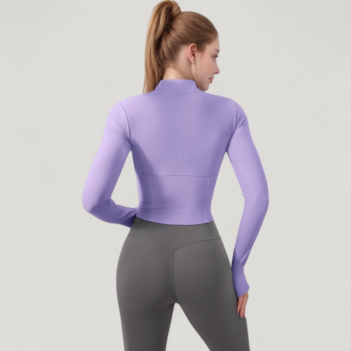 Long Sleeve Zip-Up Cropped Active Jacket with Thumbhole Cuffs and Slim Fit Design