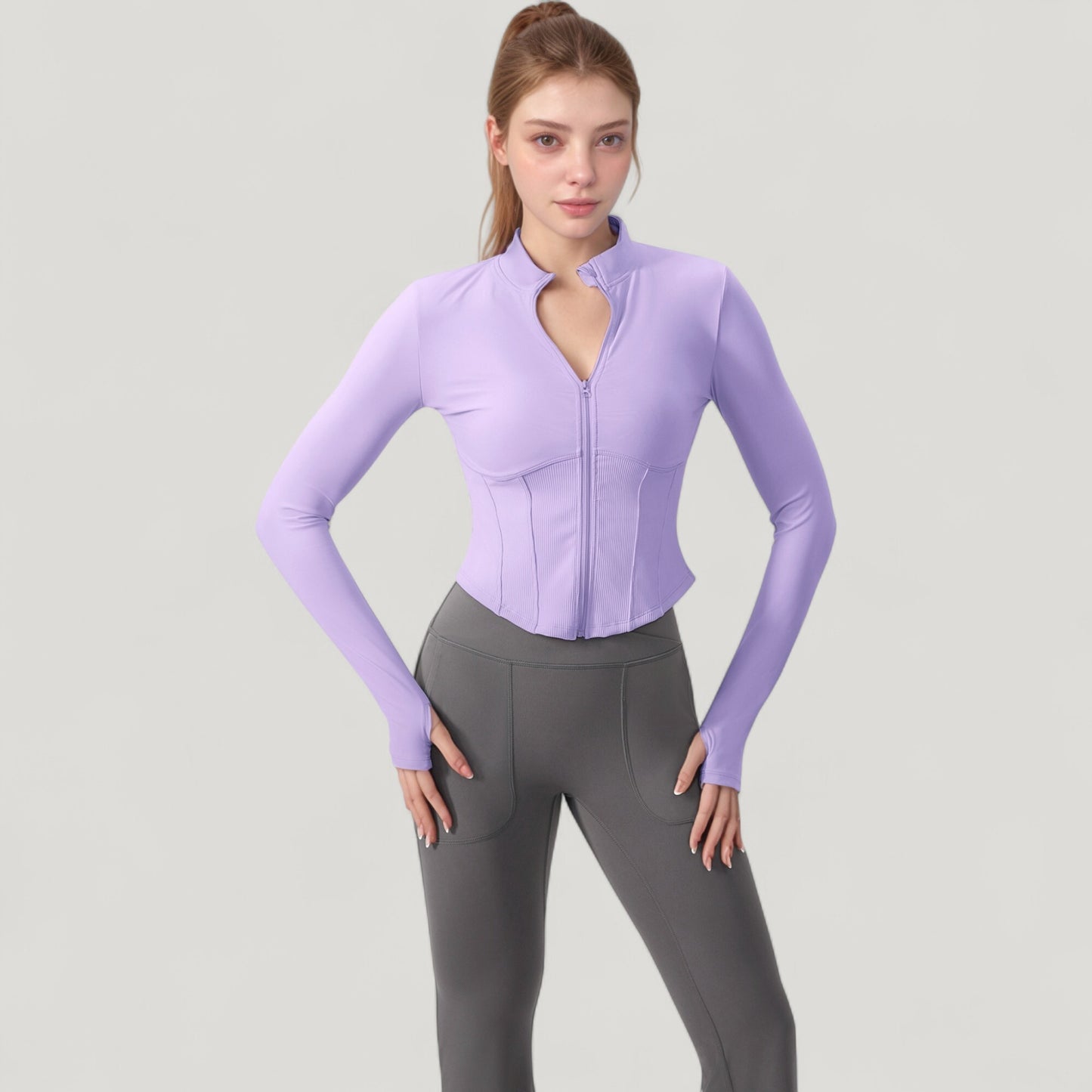 Long Sleeve Zip-Up Cropped Active Jacket with Thumbhole Cuffs and Slim Fit Design