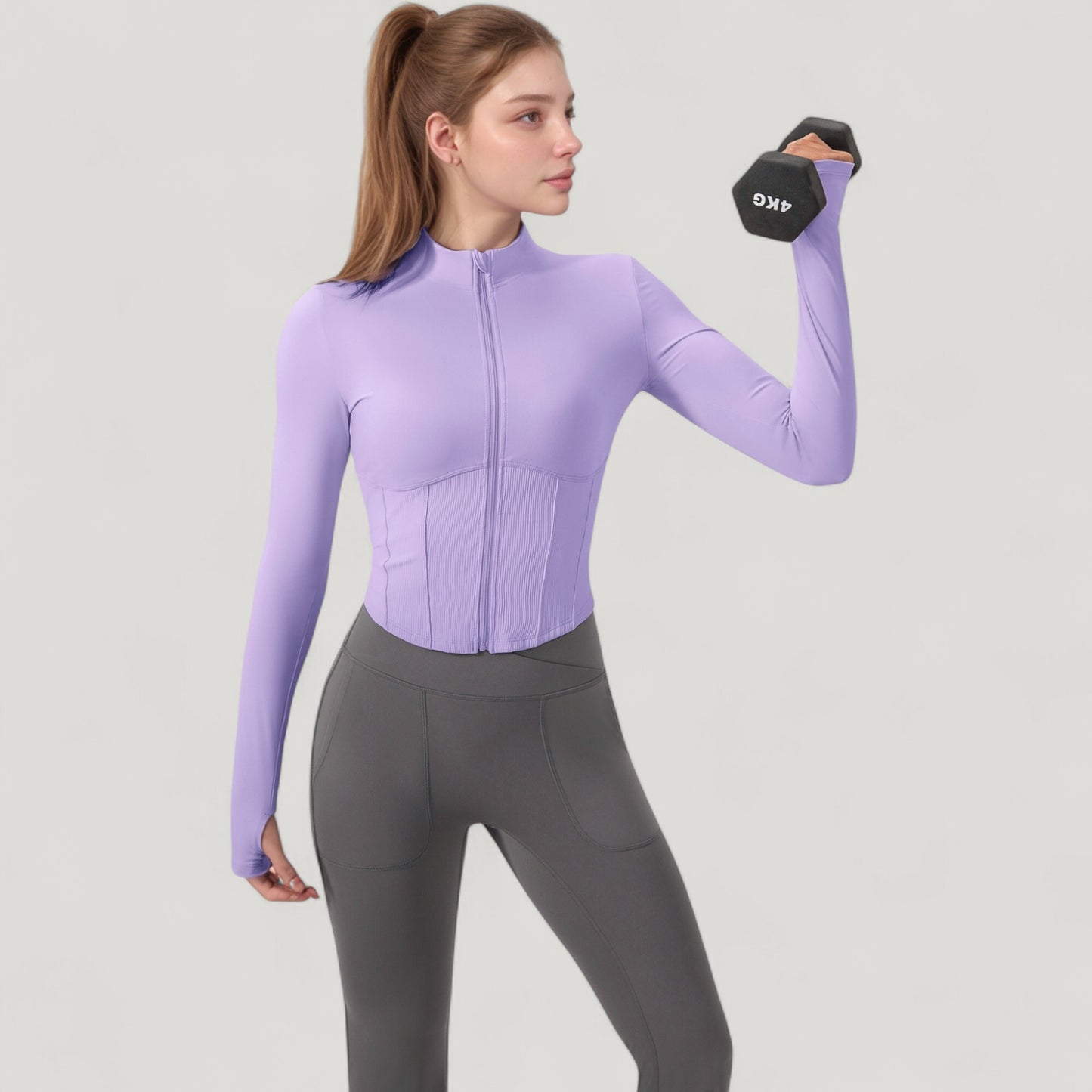 Long Sleeve Zip-Up Cropped Active Jacket with Thumbhole Cuffs and Slim Fit Design