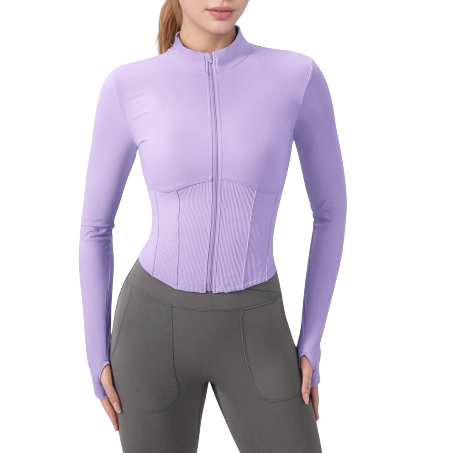 Long Sleeve Zip-Up Cropped Active Jacket with Thumbhole Cuffs and Slim Fit Design
