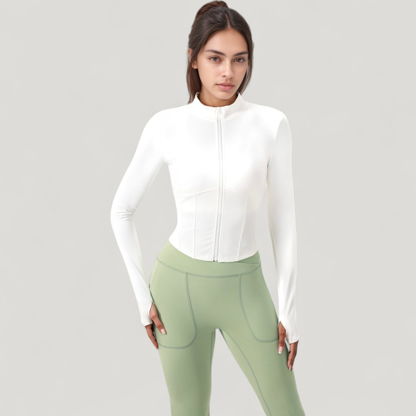 Long Sleeve Zip-Up Cropped Active Jacket with Thumbhole Cuffs and Slim Fit Design