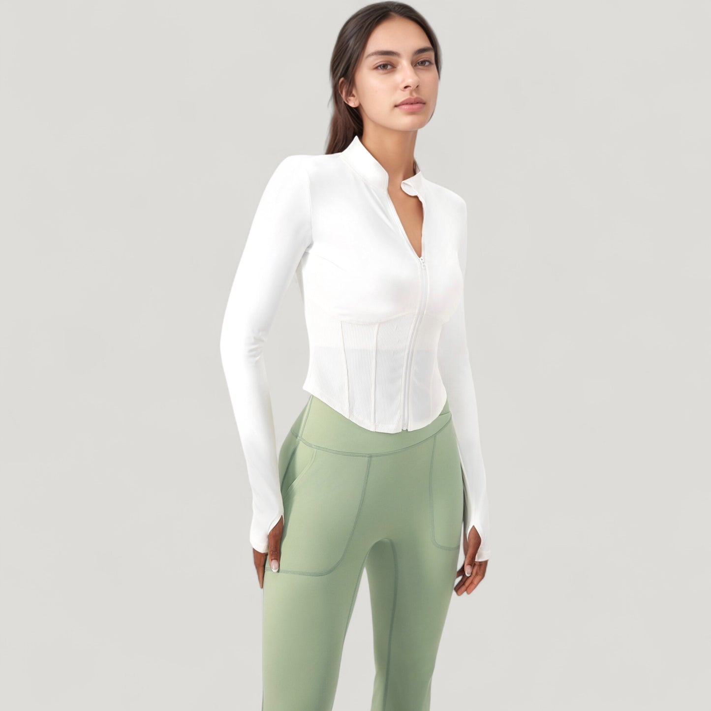 Long Sleeve Zip-Up Cropped Active Jacket with Thumbhole Cuffs and Slim Fit Design