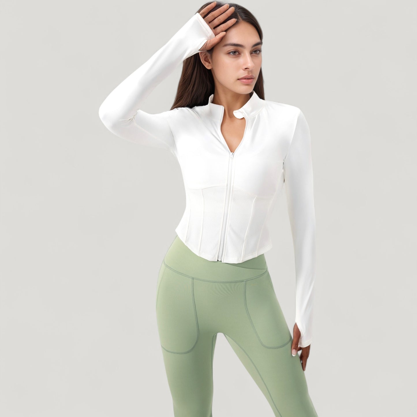 Long Sleeve Zip-Up Cropped Active Jacket with Thumbhole Cuffs and Slim Fit Design