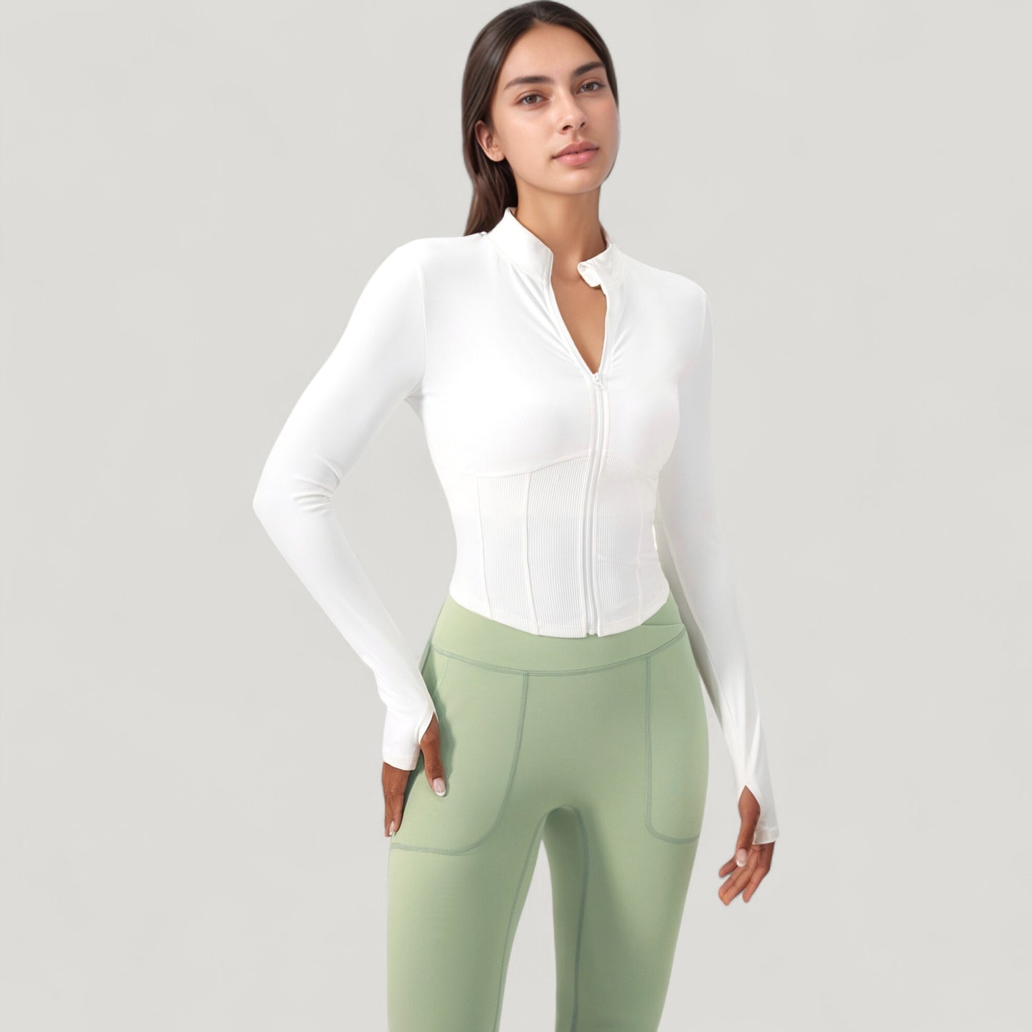 Long Sleeve Zip-Up Cropped Active Jacket with Thumbhole Cuffs and Slim Fit Design