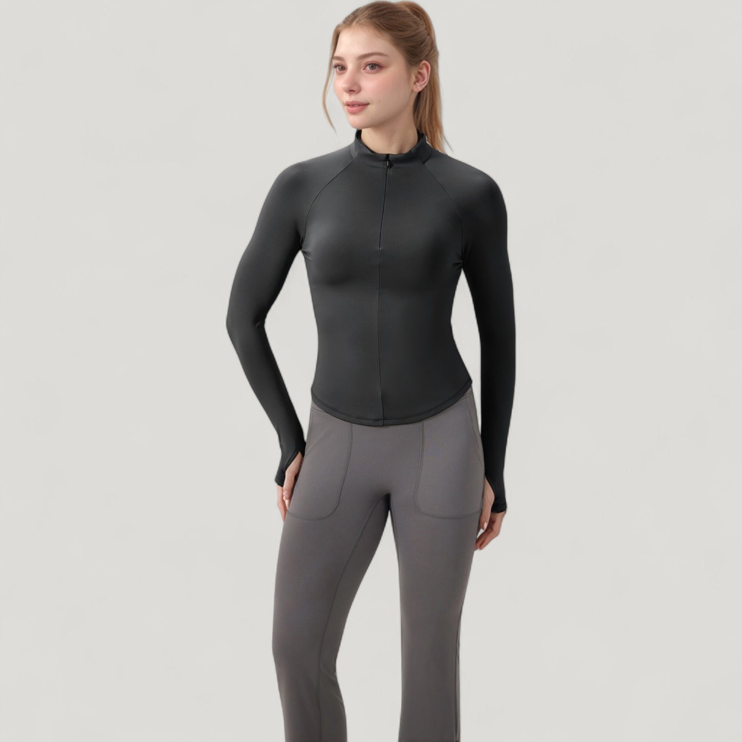 Long Sleeve Half-Zip Slim Fit Active Jacket with Thumbhole Cuffs and Mock Neck