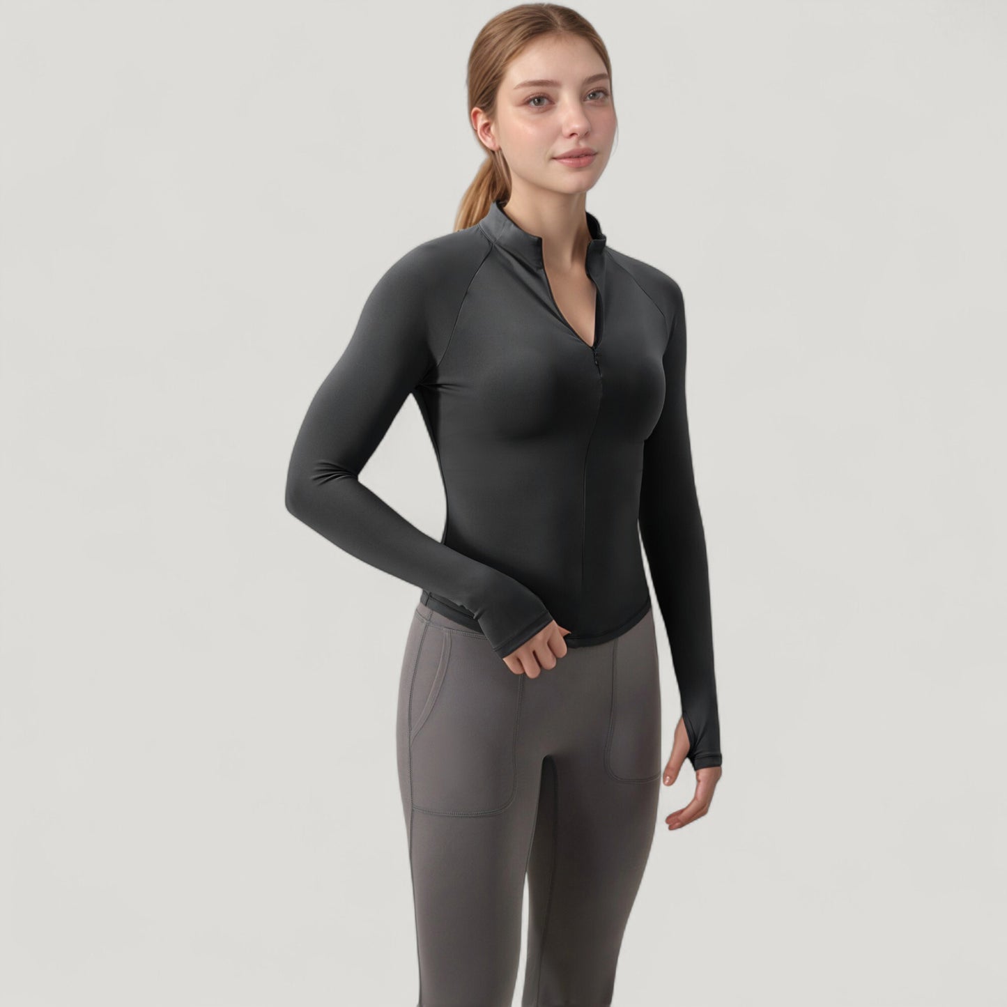 Long Sleeve Half-Zip Slim Fit Active Jacket with Thumbhole Cuffs and Mock Neck