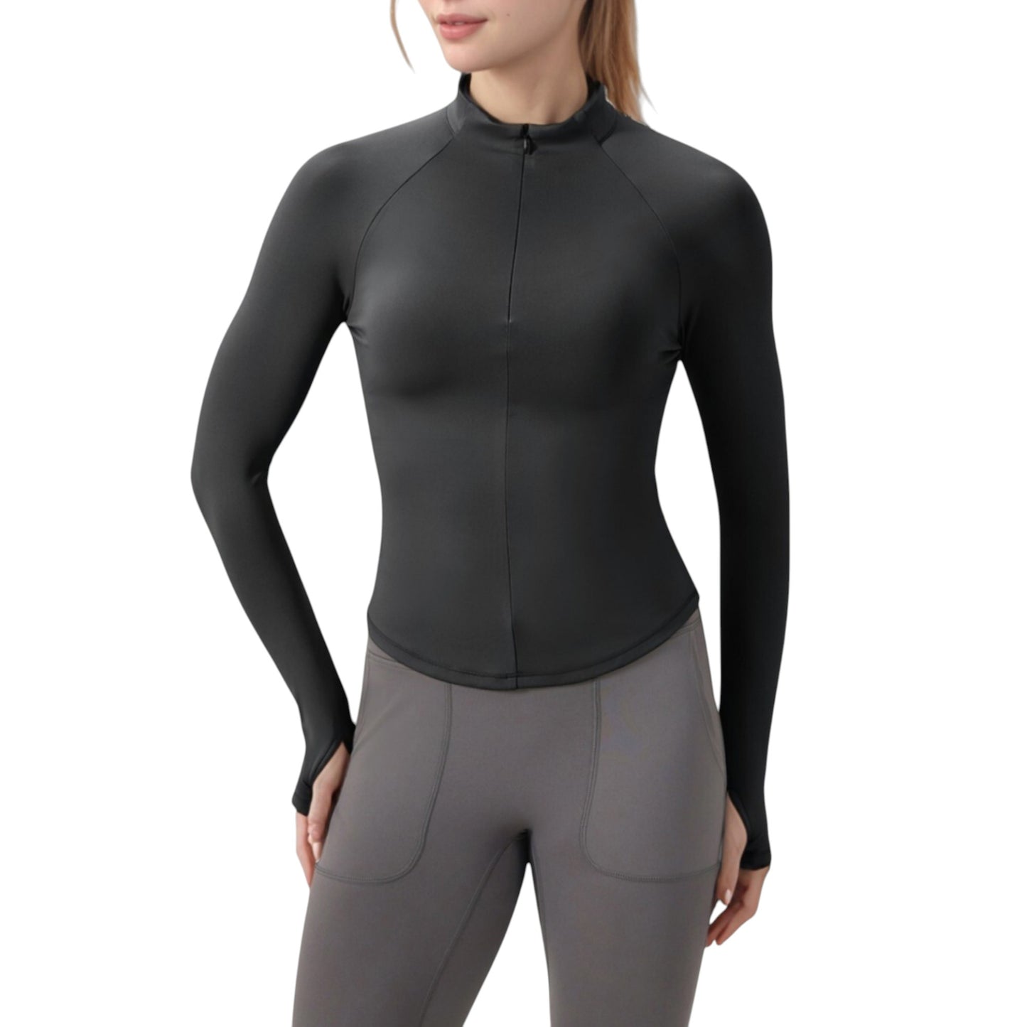 Long Sleeve Half-Zip Slim Fit Active Jacket with Thumbhole Cuffs and Mock Neck