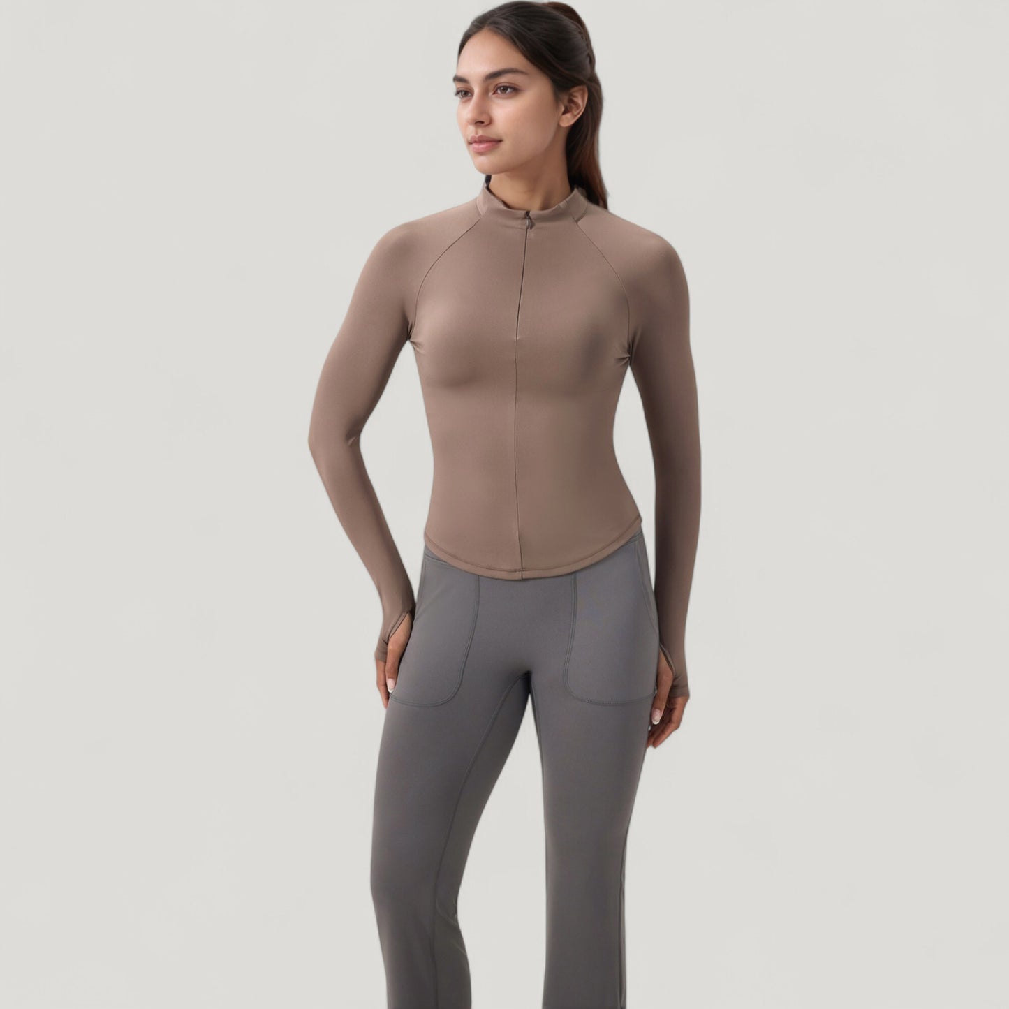 Long Sleeve Half-Zip Slim Fit Active Jacket with Thumbhole Cuffs and Mock Neck