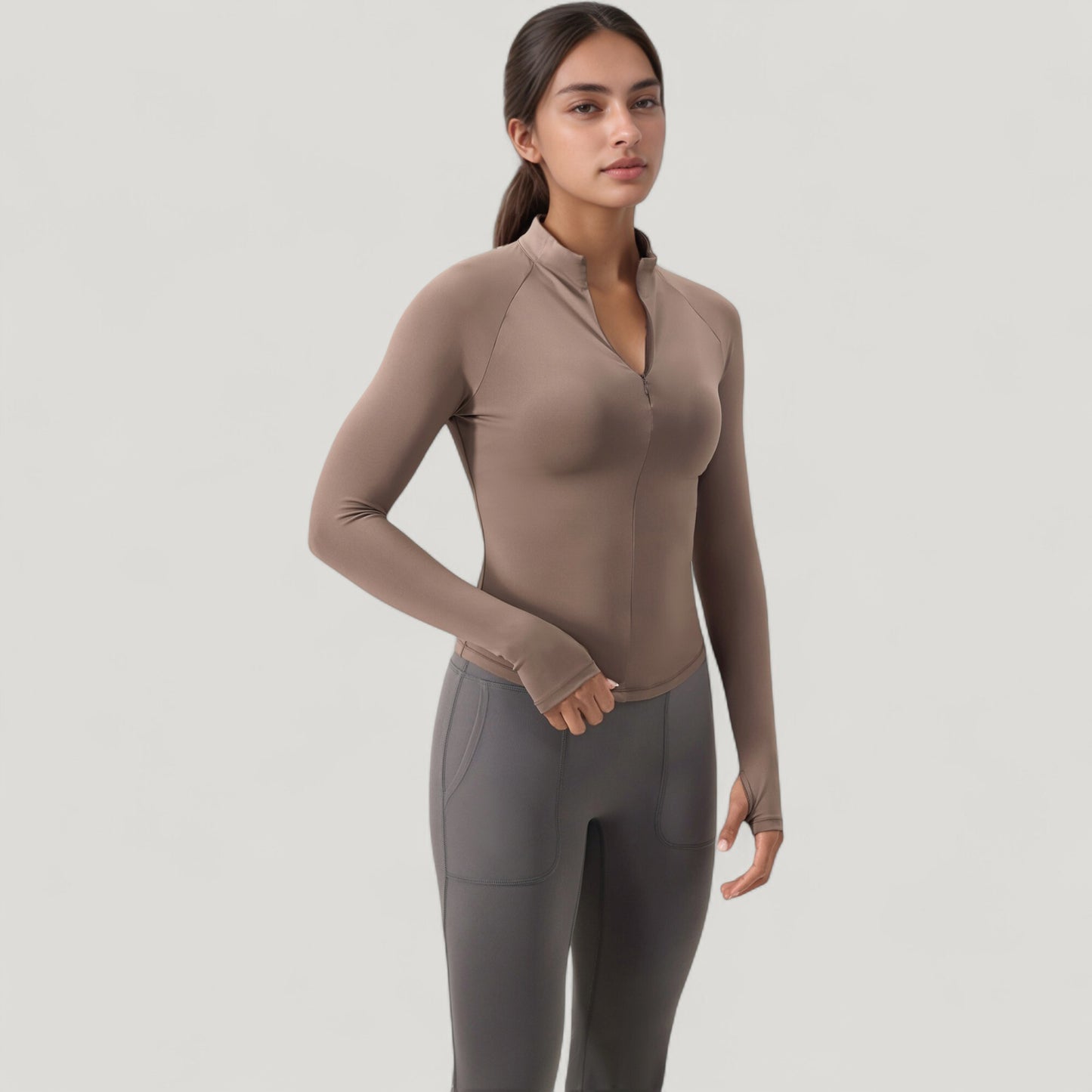 Long Sleeve Half-Zip Slim Fit Active Jacket with Thumbhole Cuffs and Mock Neck