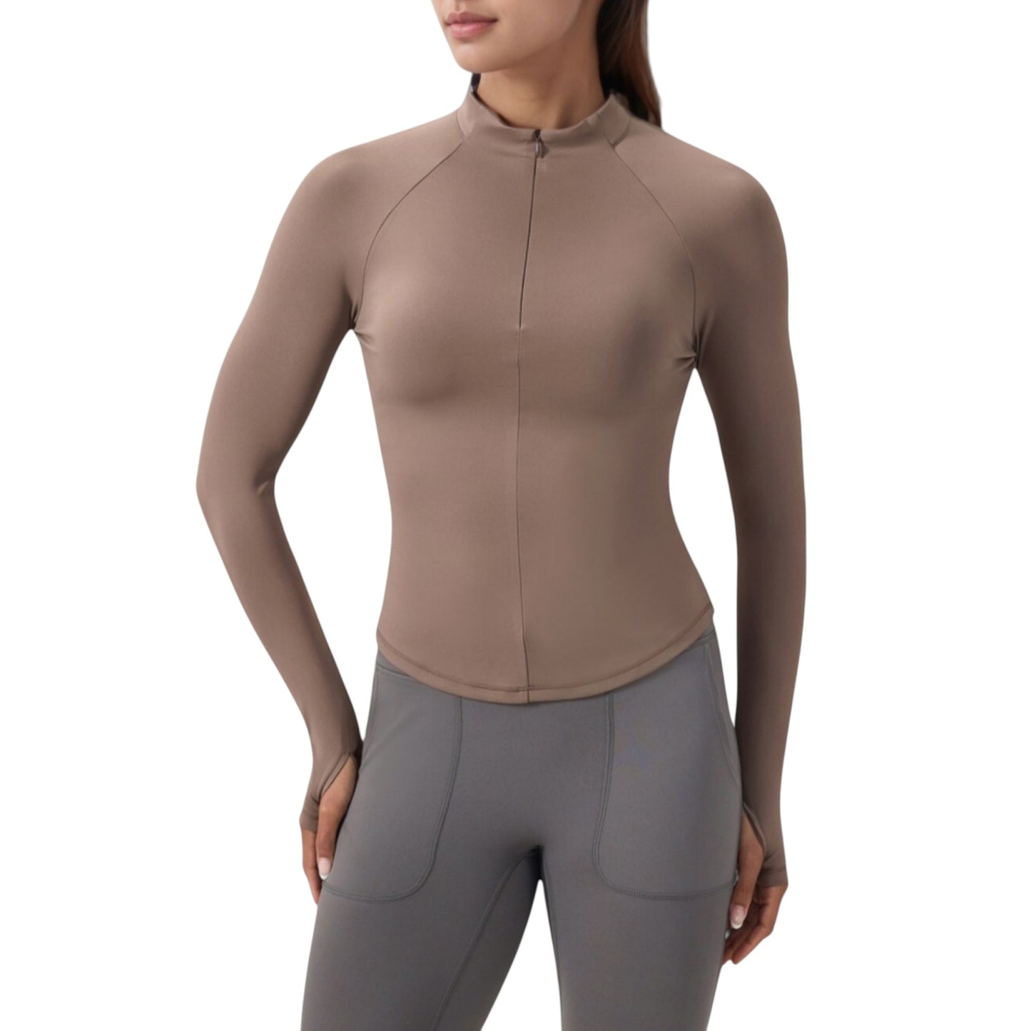 Long Sleeve Half-Zip Slim Fit Active Jacket with Thumbhole Cuffs and Mock Neck