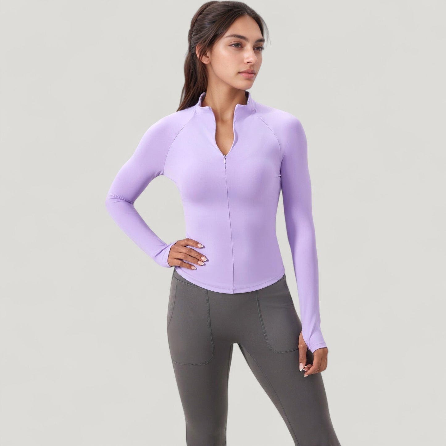 Long Sleeve Half-Zip Slim Fit Active Jacket with Thumbhole Cuffs and Mock Neck