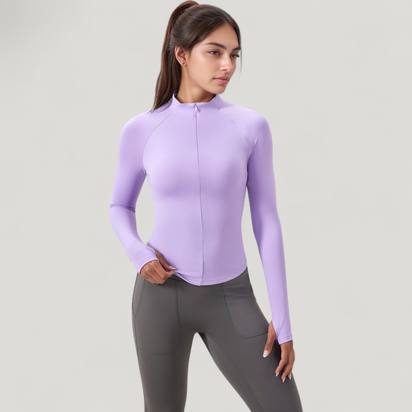 Long Sleeve Half-Zip Slim Fit Active Jacket with Thumbhole Cuffs and Mock Neck