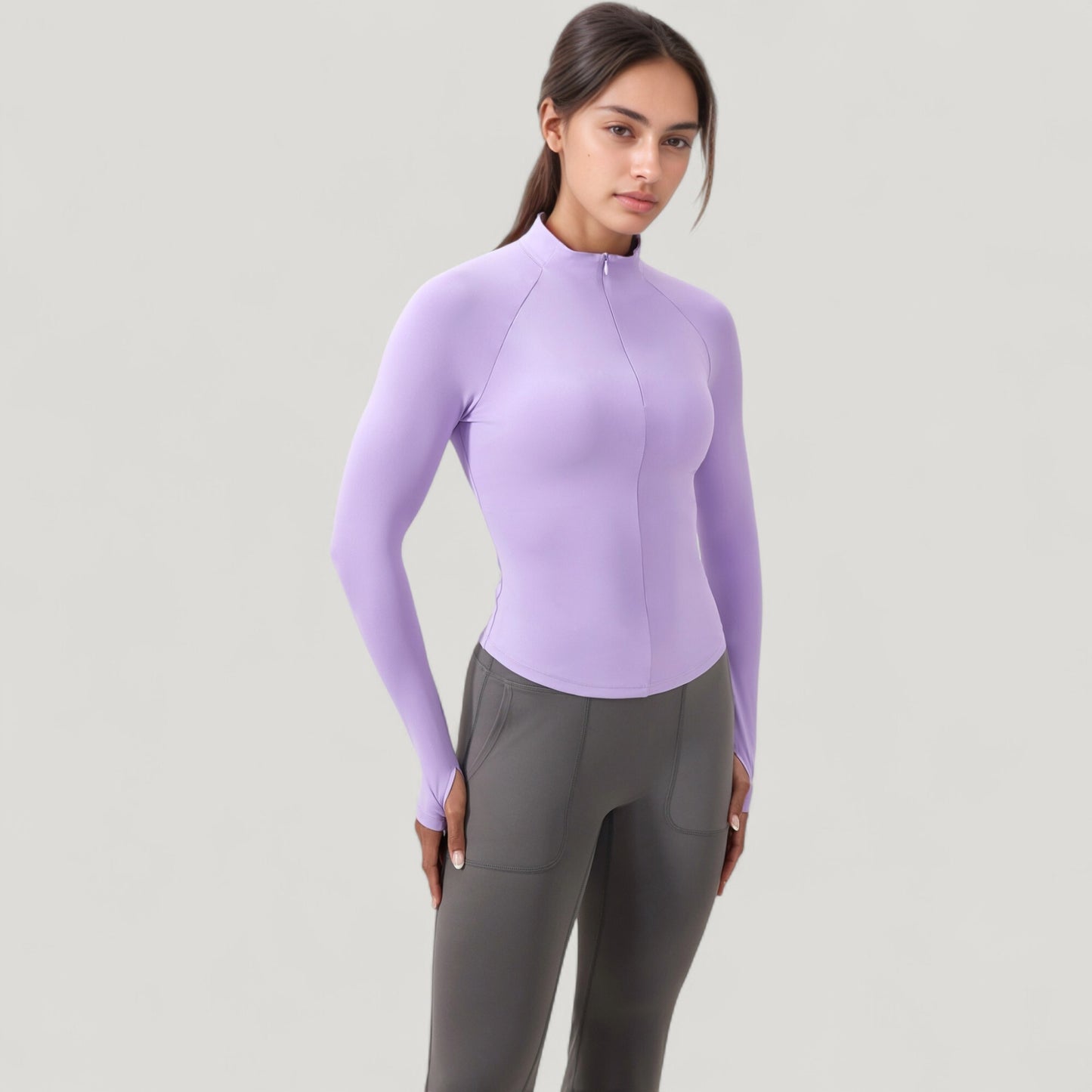 Long Sleeve Half-Zip Slim Fit Active Jacket with Thumbhole Cuffs and Mock Neck