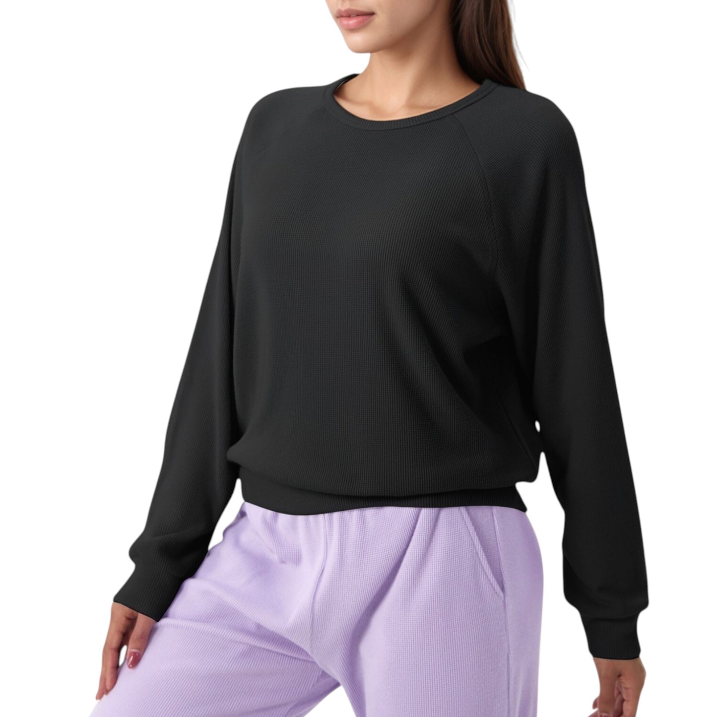 Long Sleeve Crew Neck Pullover Top with Relaxed Fit and Ribbed Cuffs