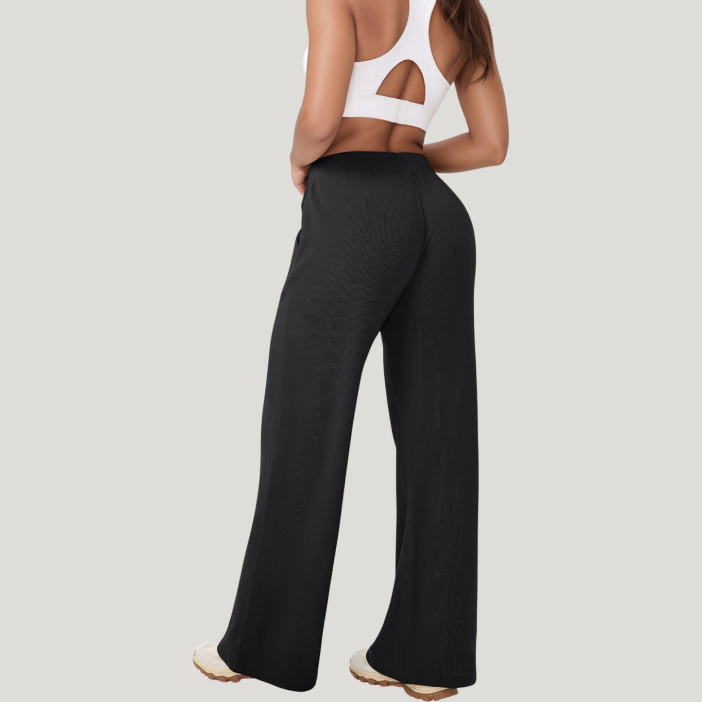 High Waist Wide Leg Athletic Pants with Side Pockets and Elastic Waistband