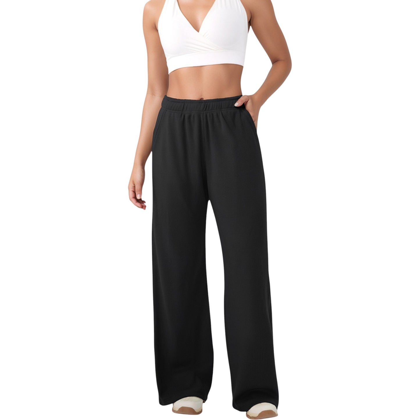 High Waist Wide Leg Athletic Pants with Side Pockets and Elastic Waistband